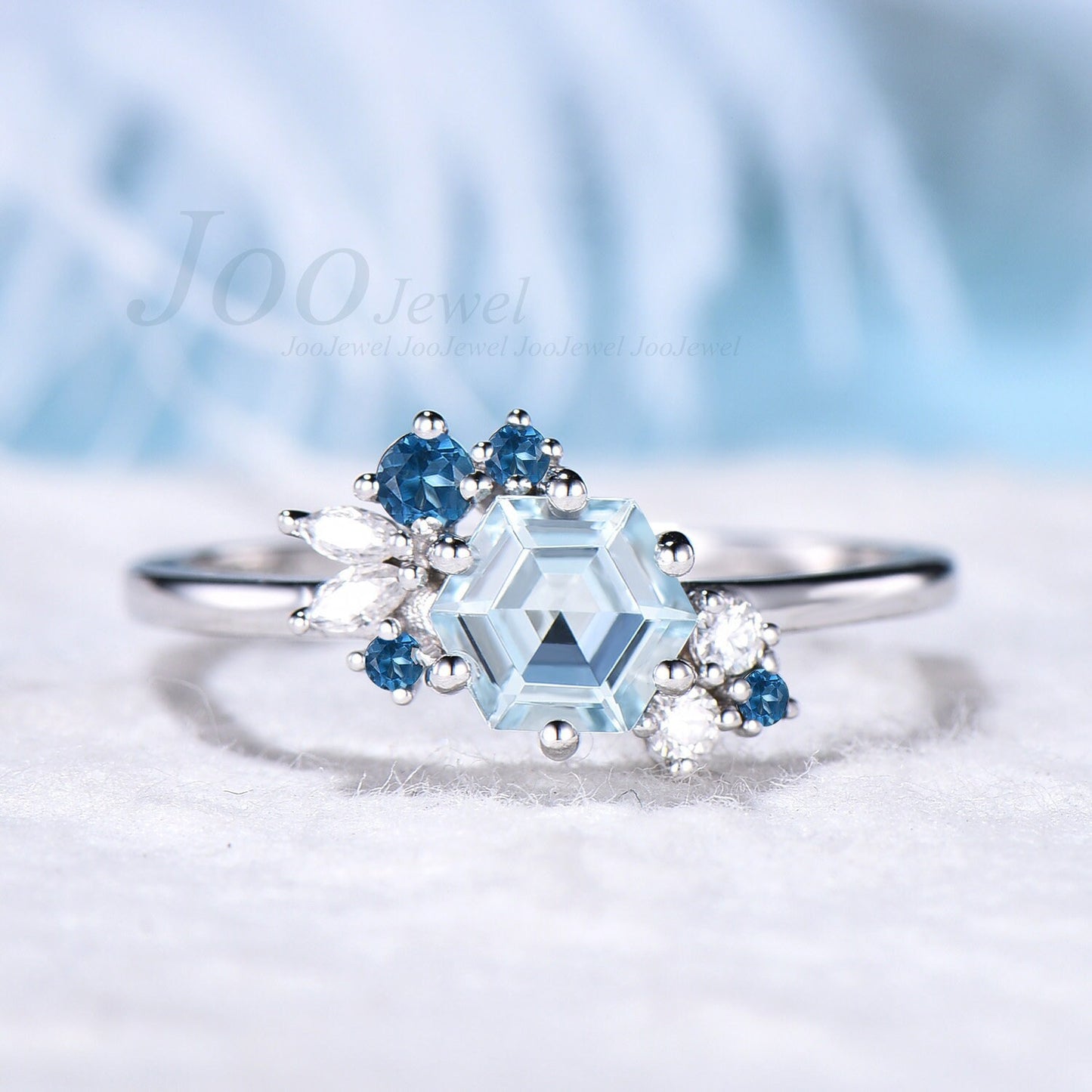 14k Solid Gold Hexagon Cut Aquamarine Ring For Women Hexagon Cluster Natural Blue Gemstone Ring With London Blue Topaz March Birthstone Ring