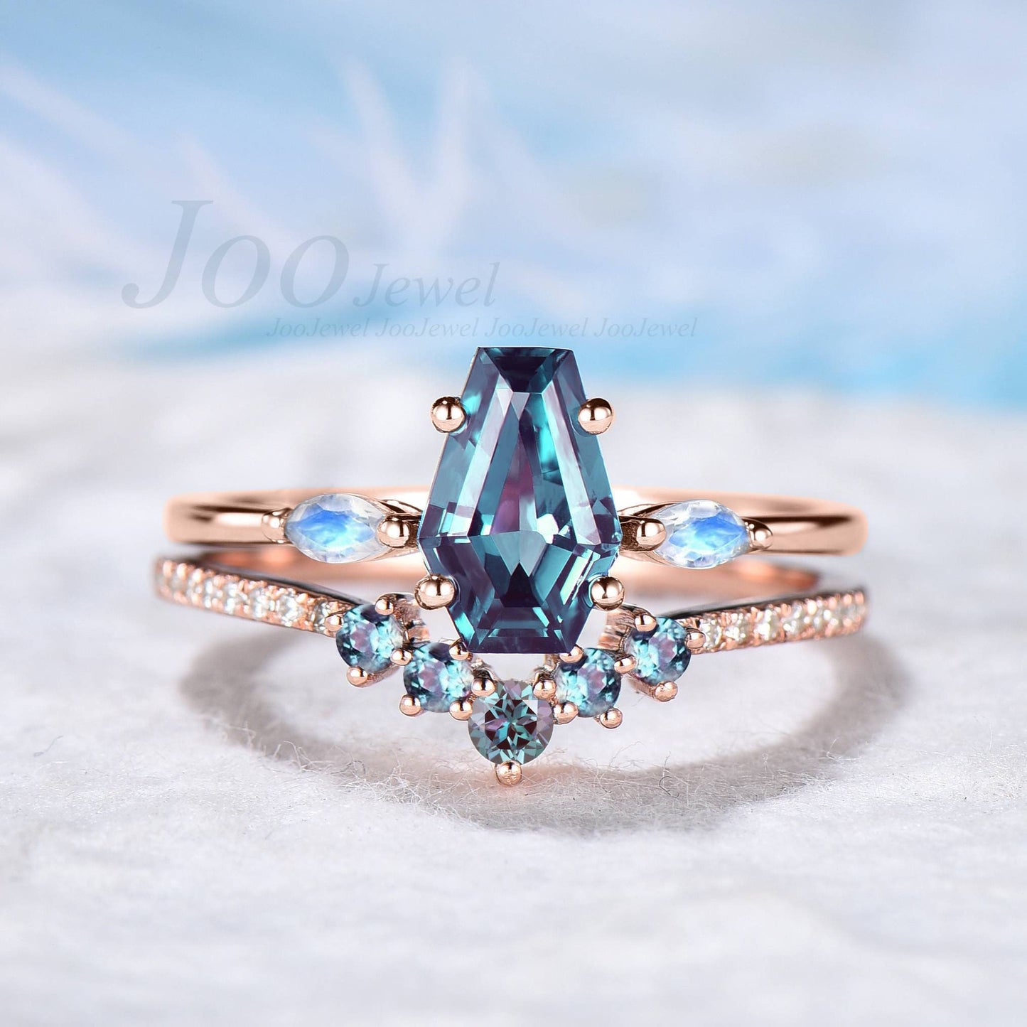 Coffin Shaped Alexandrite Moonstone Engagement Rings Set 14K Rose Gold Coffin Wedding Ring Color Changing Alexandrite Band Statement Ring
