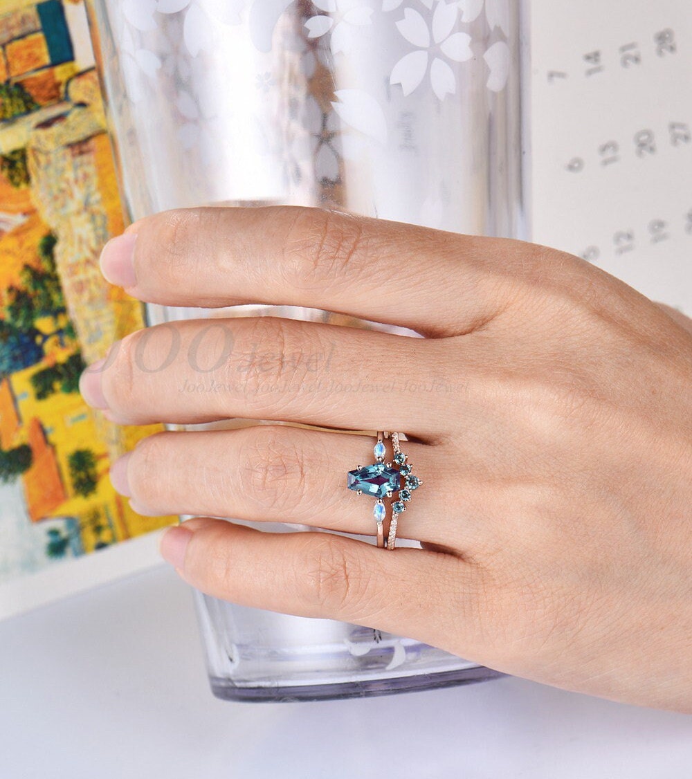 Coffin Shaped Alexandrite Moonstone Engagement Rings Set 14K Rose Gold Coffin Wedding Ring Color Changing Alexandrite Band Statement Ring