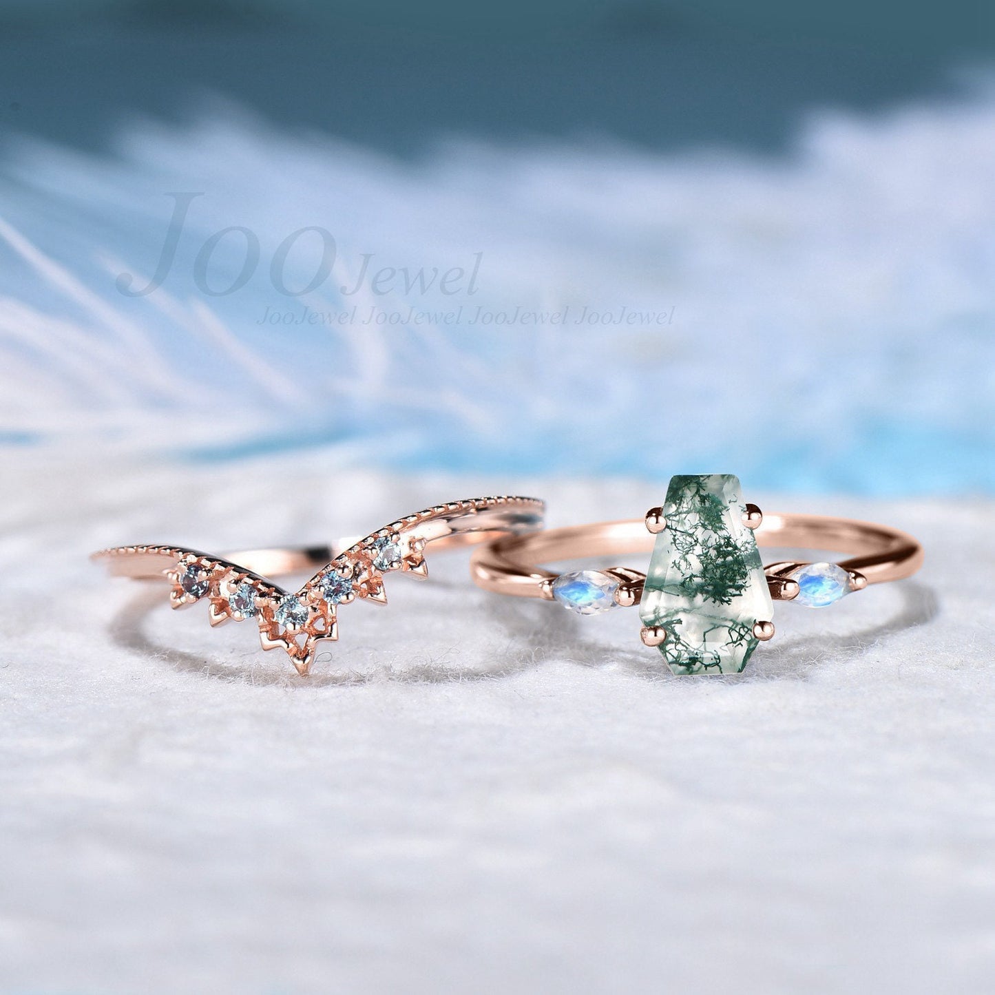 Coffin Shaped Natural Moss Agate Engagement Rings Set Gold Silver Marquise Moonstone Ring Milgrain Alexandrite Matching Band Coffin Jewelry