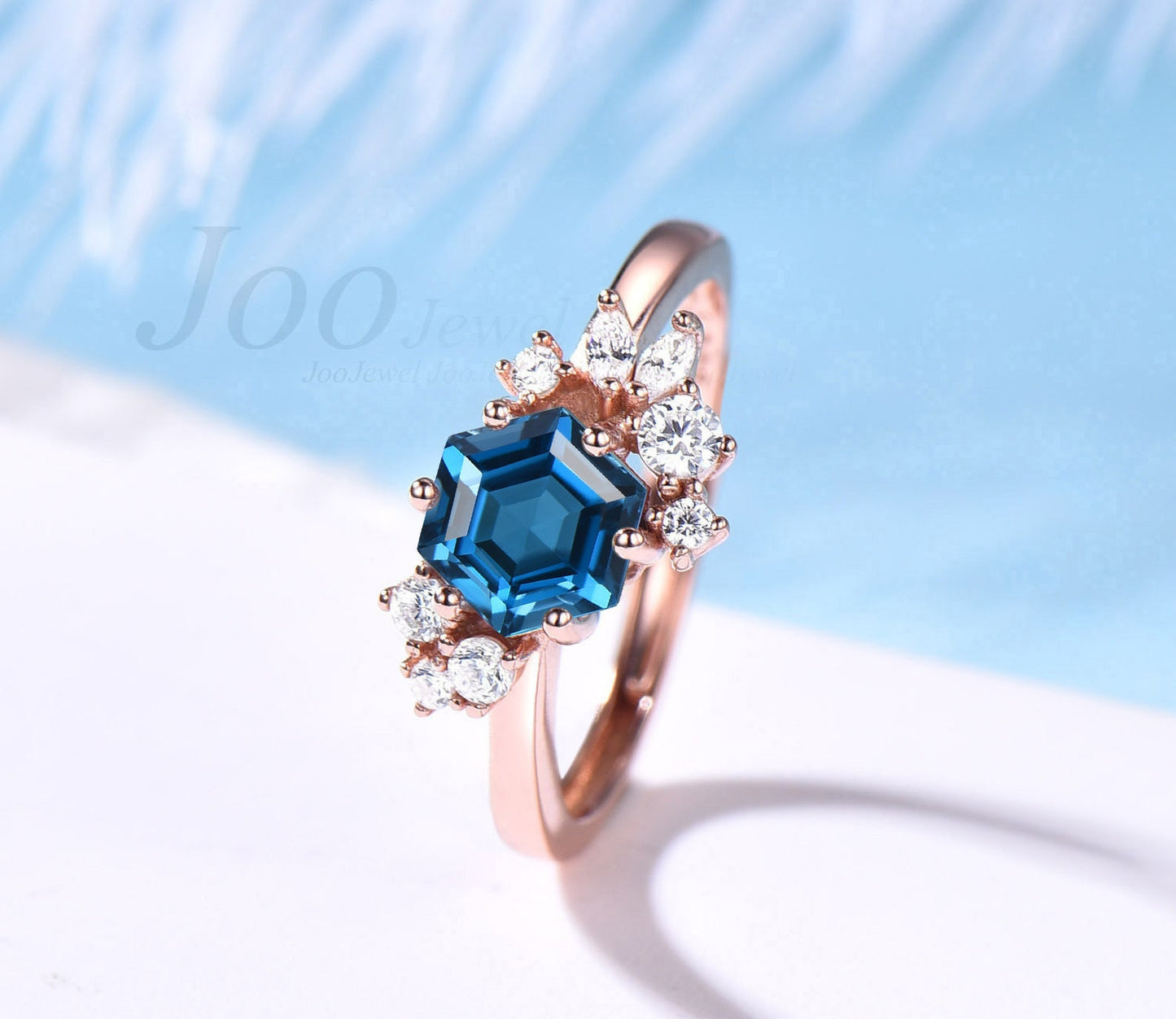 1ct Natural London Blue Topaz Ring Sterling Silver Ring Hexagon Gemstone Engagement Ring Crystal Healing Ring December Birthstone Gift Women