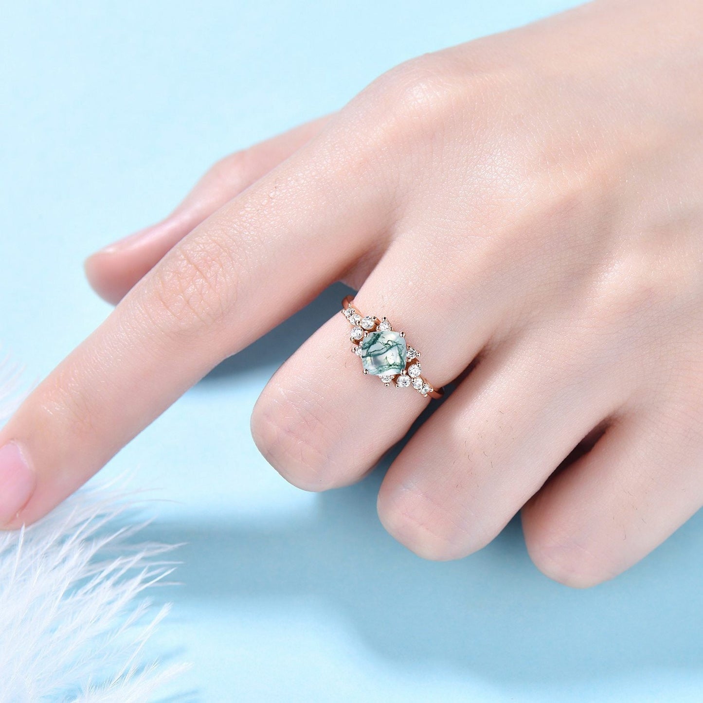 Cushion Cut Natural Green Clear Moss Agate Ring 14K Gold Square Moss Agate Cluster Snowdrift Engagement Ring For Women Crystal Jewelry Gift