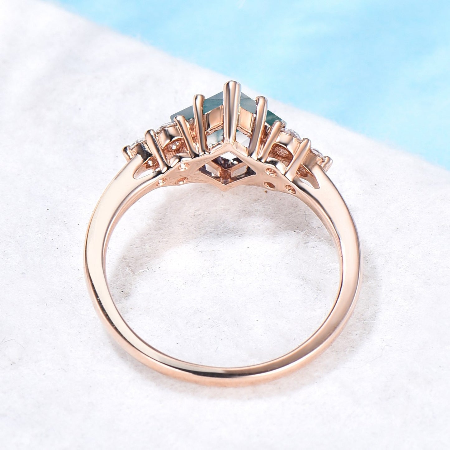 Princess Cut Natural Green Clear Moss Agate Ring 14K Gold Square Moss Agate 6 Prong Fixed Engagement Ring For Women Crystal Jewelry Gift