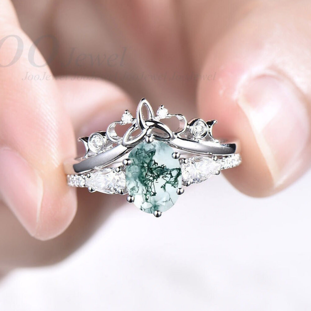 Unique Moss Agate Engagement Ring Set Oval Cut Moss Agate Wedding Ring Set Six Prong Celtic Knot Ring Moissanite Wedding Ring Set 14K Gold
