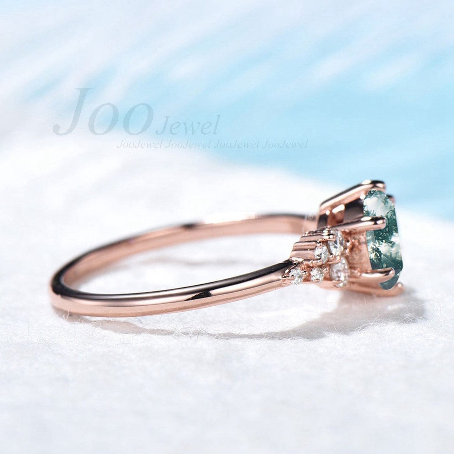 Round Natural Moss Agate 1ct Engagement Ring Vintage Green Gemstone Wedding Ring Rose Gold Agate Ring for Woman Dainty Pinky Healing Ring