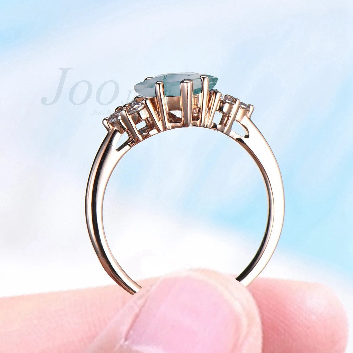 Princess Cut Natural Green Clear Moss Agate Ring 14K Gold Square Moss Agate 6 Prong Fixed Engagement Ring For Women Crystal Jewelry Gift
