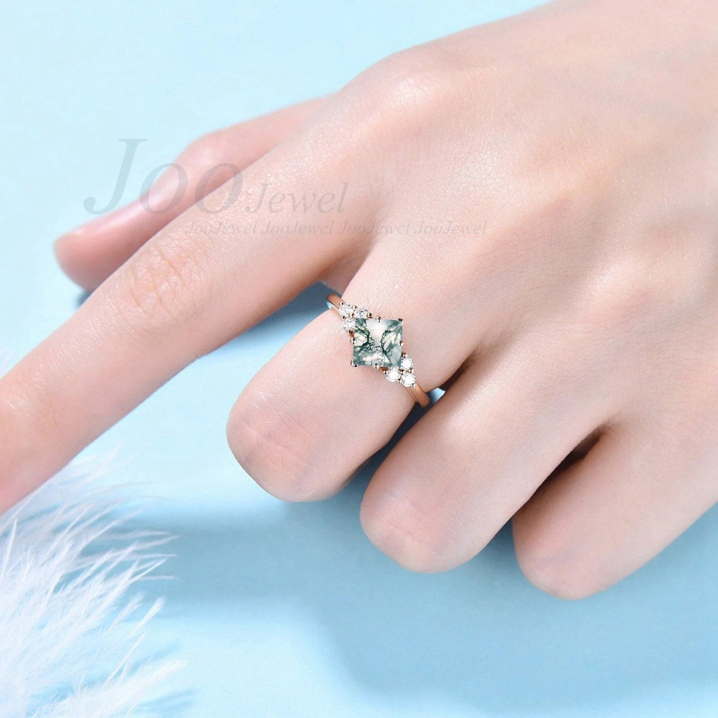Princess Cut Natural Green Clear Moss Agate Ring 14K Gold Square Moss Agate 6 Prong Fixed Engagement Ring For Women Crystal Jewelry Gift
