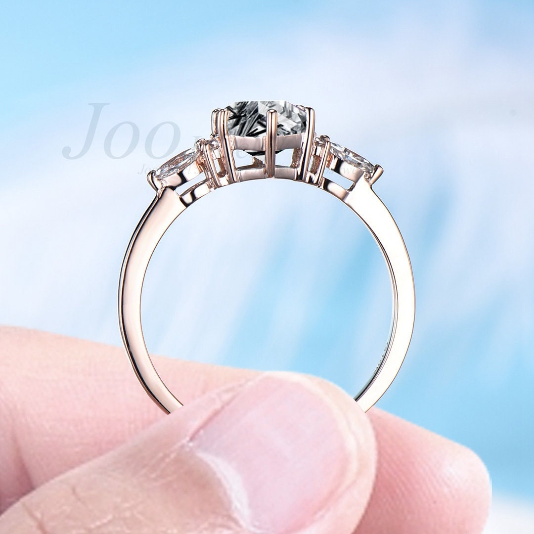 Hexagon Cut Natural Black Rutilated Quartz Ring Black Crystal Hexagon Shaped Black Stone Engagement Ring Black Rutile Wedding Promise Ring