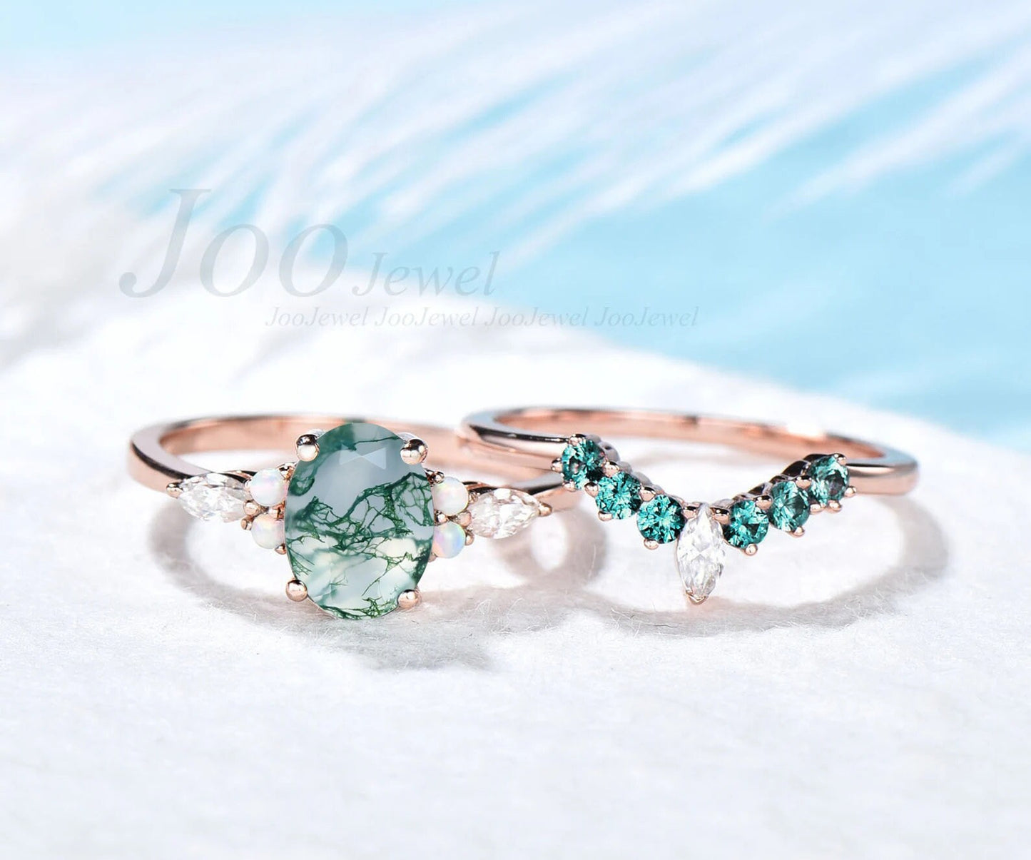 Oval Cut Natural Moss Agate Engagement Ring Set Green Gemstone Jewelry Opal Emerald Wedding Band Crystal Bridal Ring Unique Gift for Her