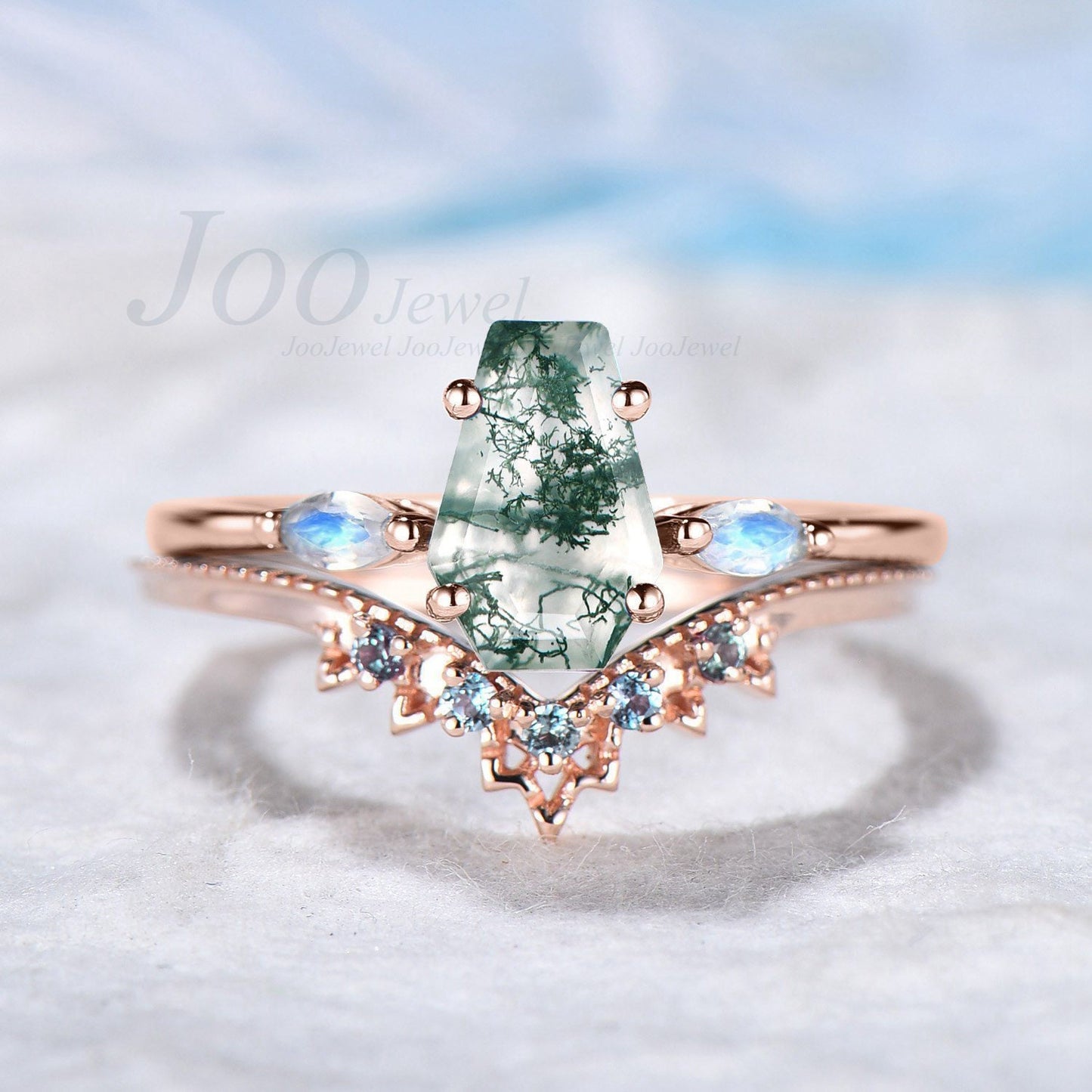 Coffin Shaped Natural Moss Agate Engagement Rings Set Gold Silver Marquise Moonstone Ring Milgrain Alexandrite Matching Band Coffin Jewelry