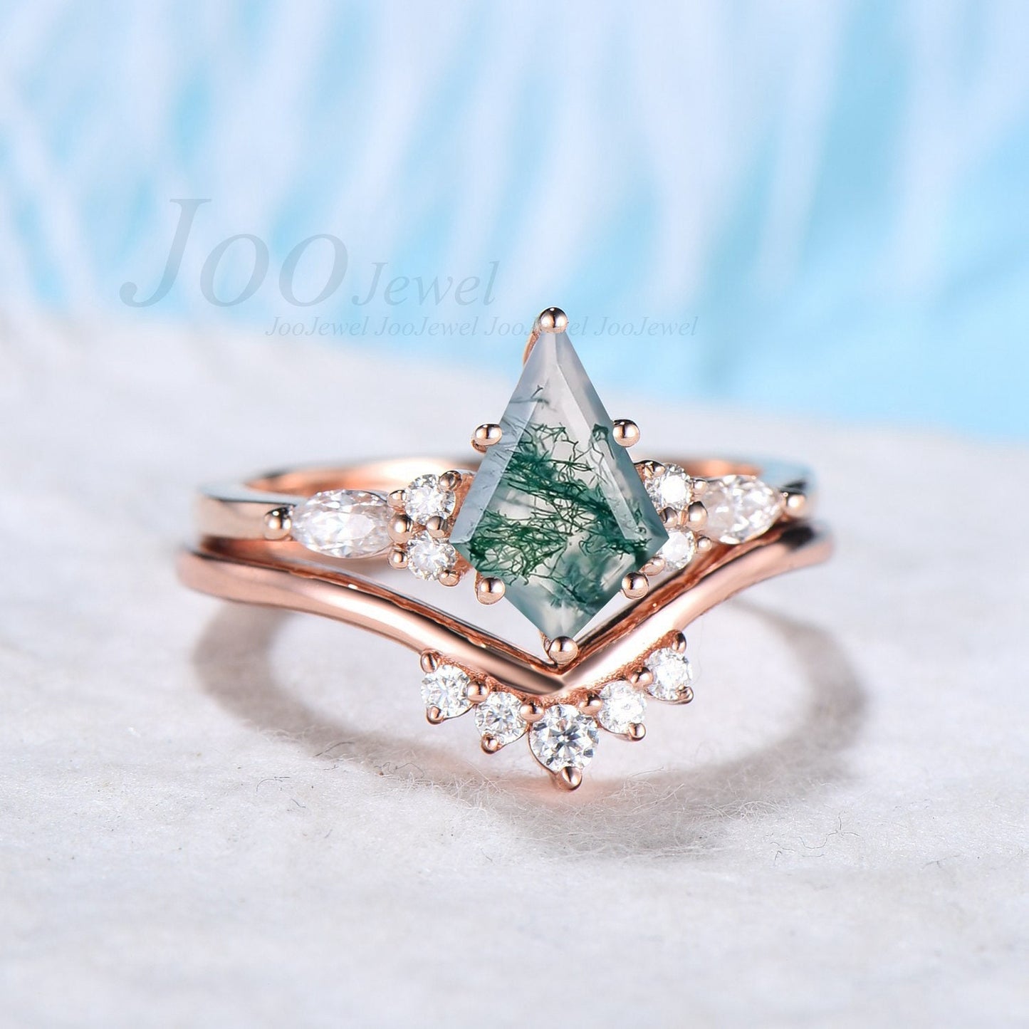 Natural Green Moss Agate Ring Set Vintage Kite Engagement Ring Set Unique Kite Cut Bridal Set Crystal Healing Gift Unique Wedding Ring Set