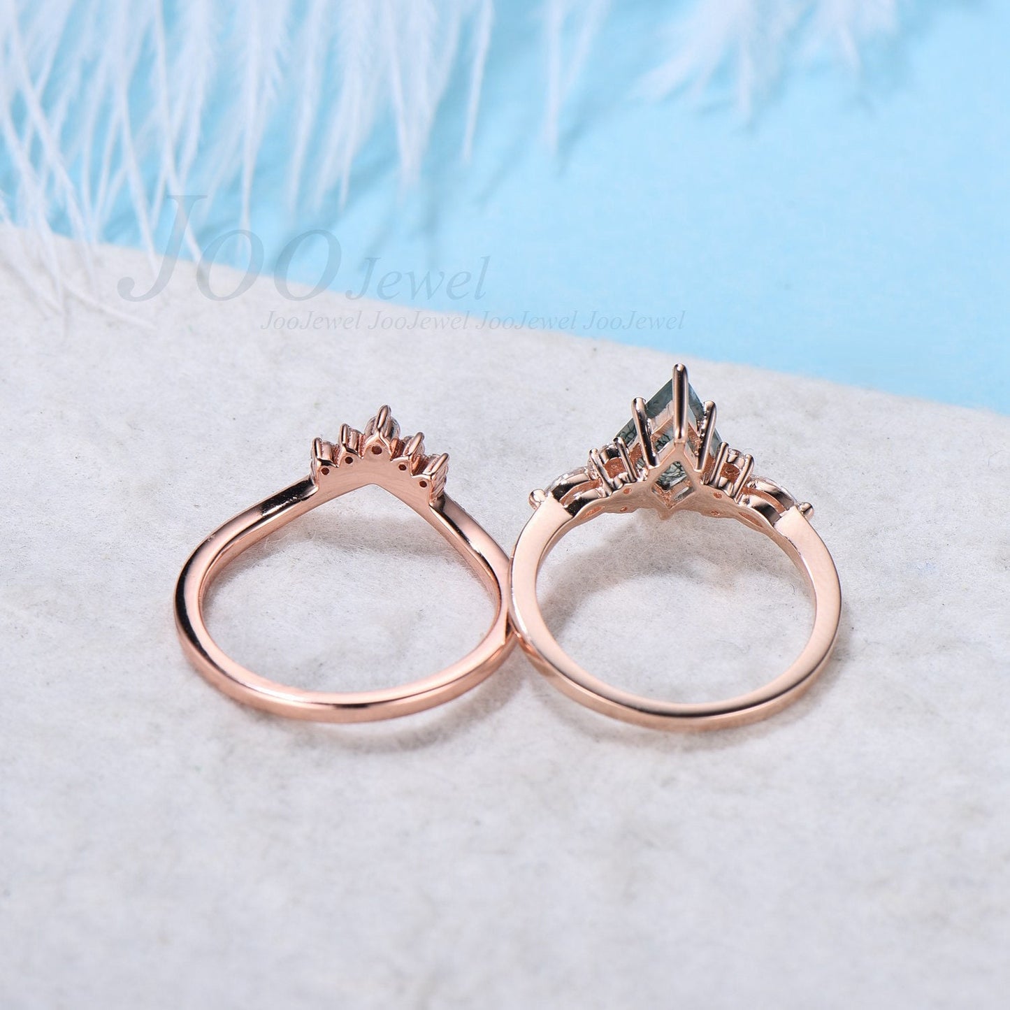 Natural Green Moss Agate Ring Set Vintage Kite Engagement Ring Set Unique Kite Cut Bridal Set Crystal Healing Gift Unique Wedding Ring Set