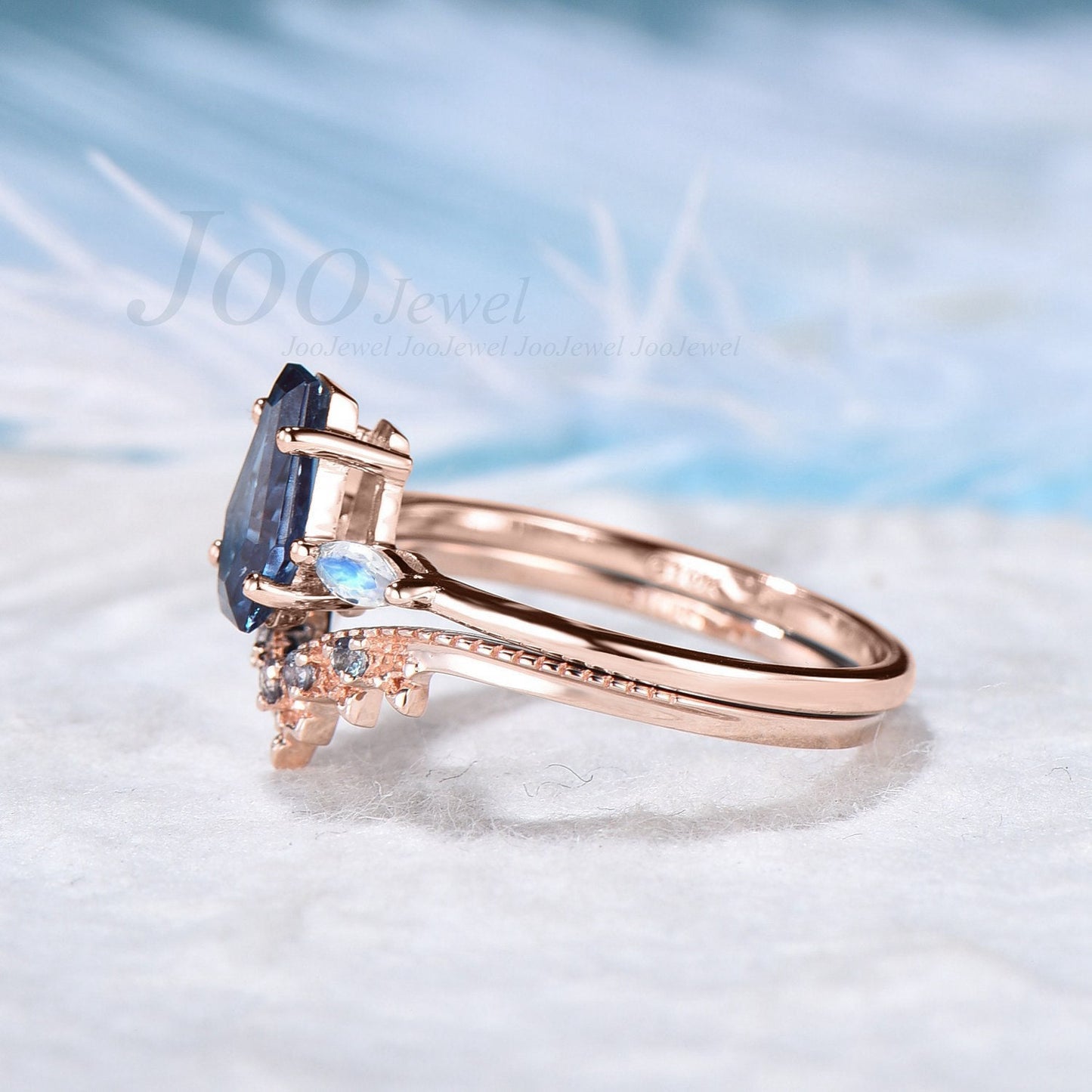 Coffin Shaped Alexandrite Engagement Rings Set 14K Rose Gold Coffin Wedding Ring Set Color Changing Alexandrite Band Moonstone Ring for Her