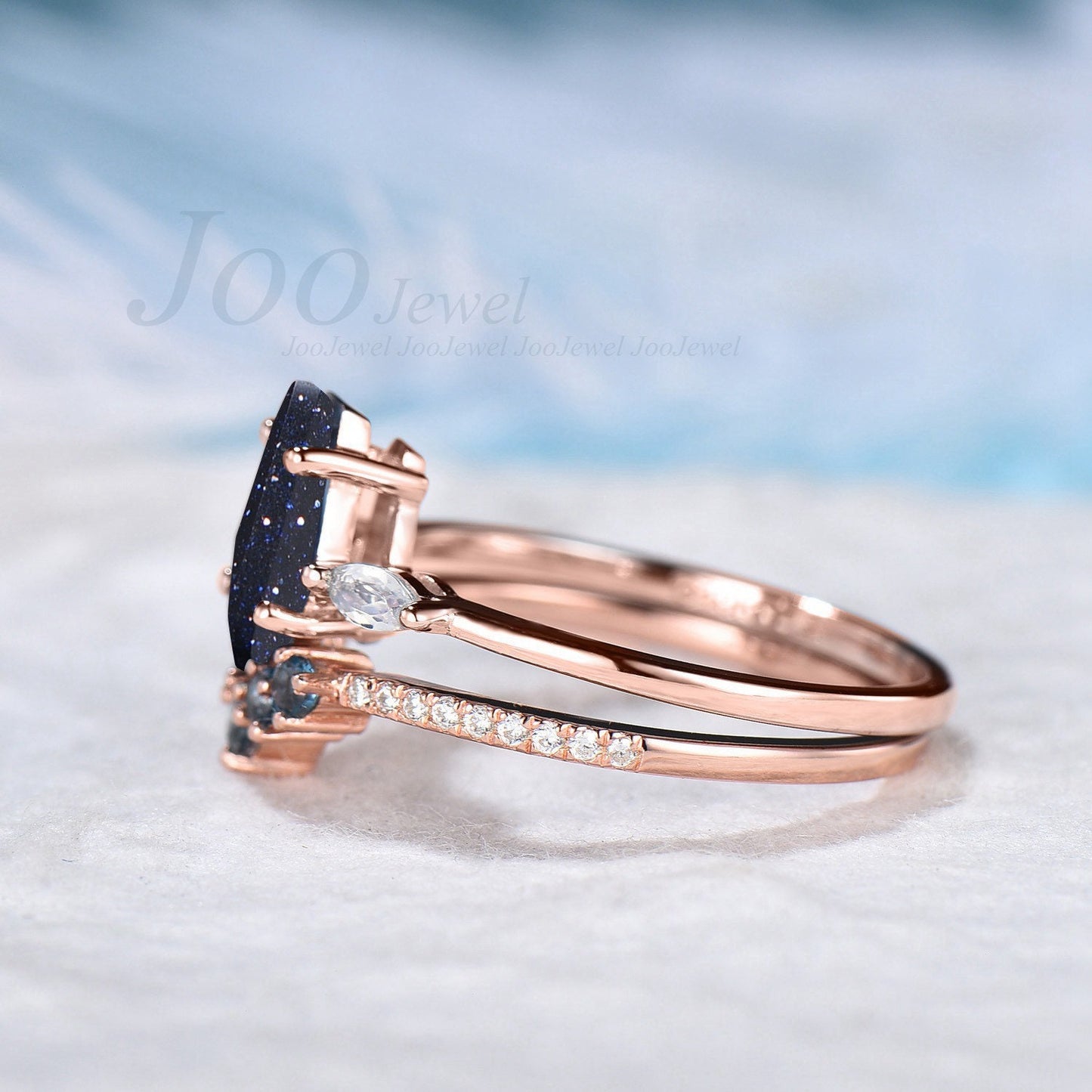 Coffin Shaped Engagement Ring Blue Sandstone Bridal Ring Set Marquise Moonstone Ring Color Changing Alexandrite Band Blue Goldstone Jewelry