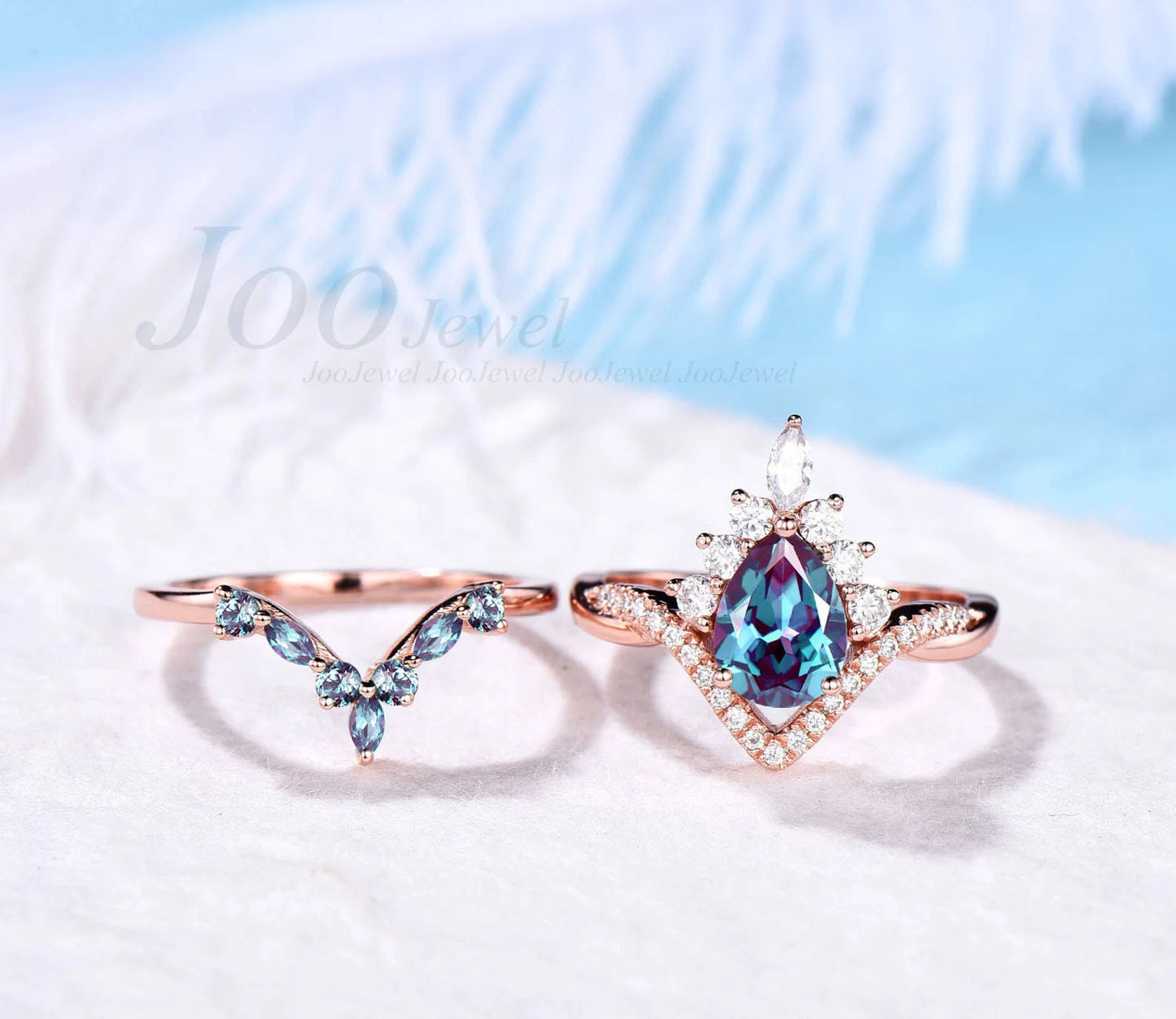 Unique Pear Shaped Alexandrite Bridal Set Vintage Rose Gold Infinity Band Art Deco Halo Moissanite Ring Marquise Alexandrite Wedding Ring