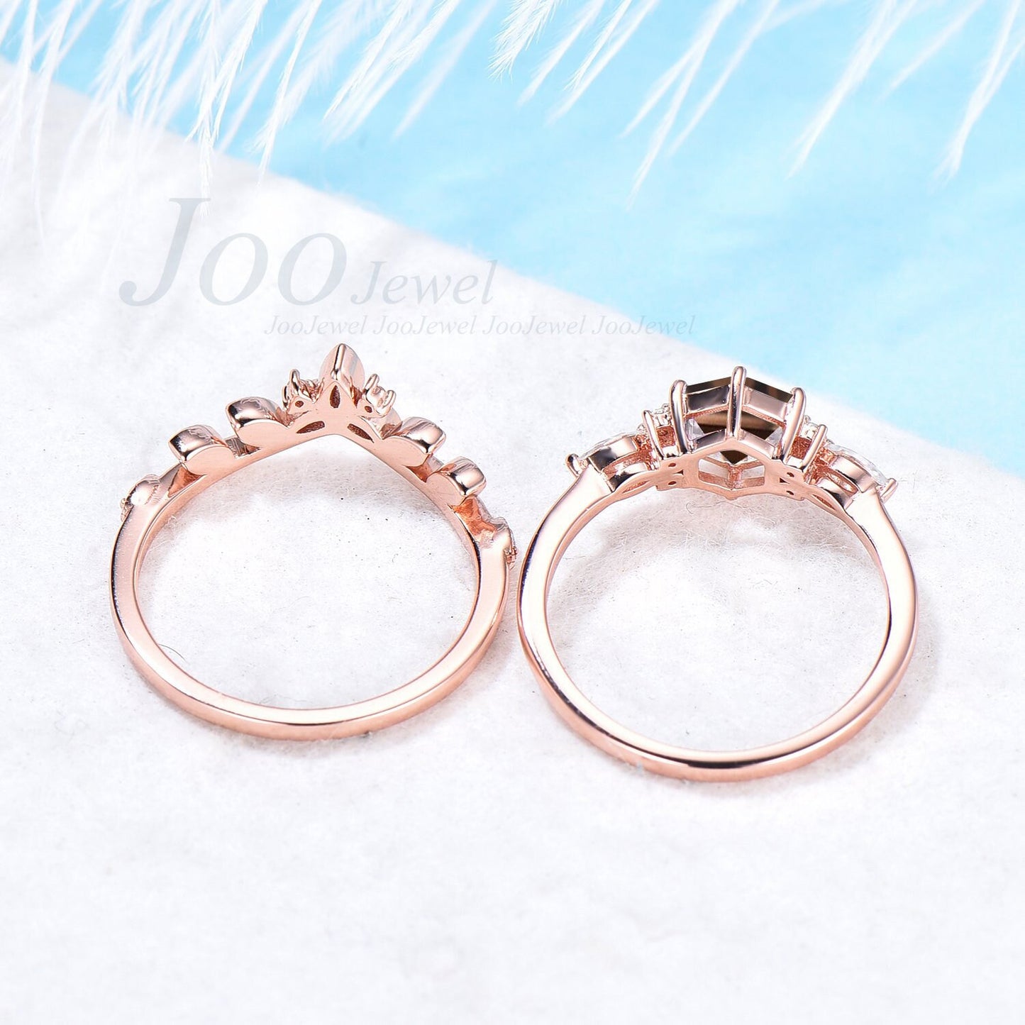 Hexagon Cut Crystal Engagement Ring Set Vintage Natural Smoky Quartz Ring in Sterling Silver Jewelry Brown Gemstone Ring Celtic Wedding Band