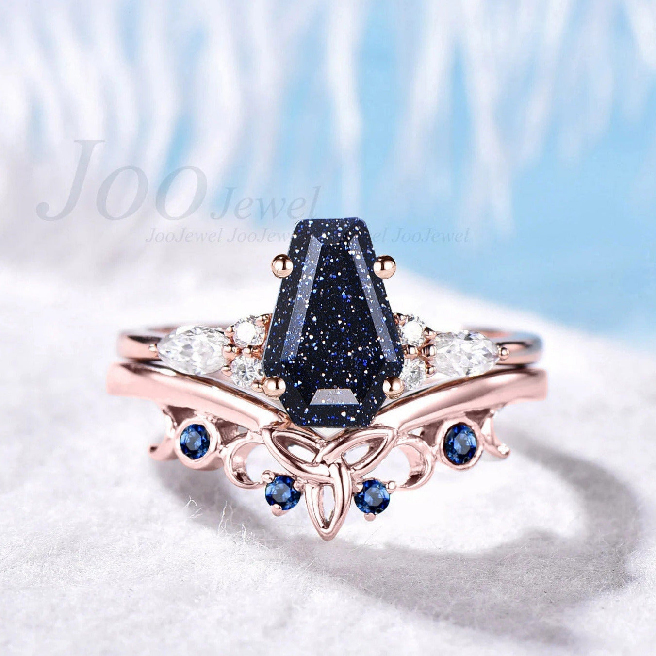 Unique Gothic Wedding Ring Set Coffin Shaped Blue Goldstone Bridal Set