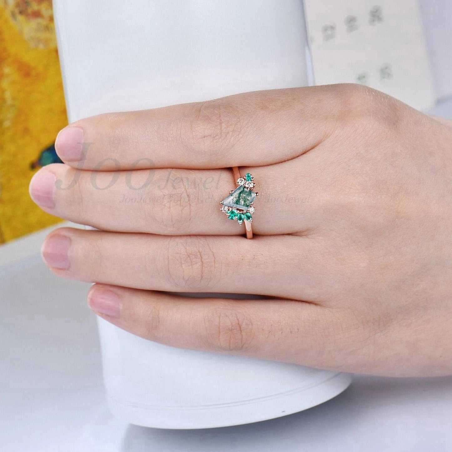 Kite Cut Natural Green Moss Agate Ring Vintage 14k Rose Gold Moss Agate Engagement Ring Unique Kite Cluster Emerald Wedding Ring For Women