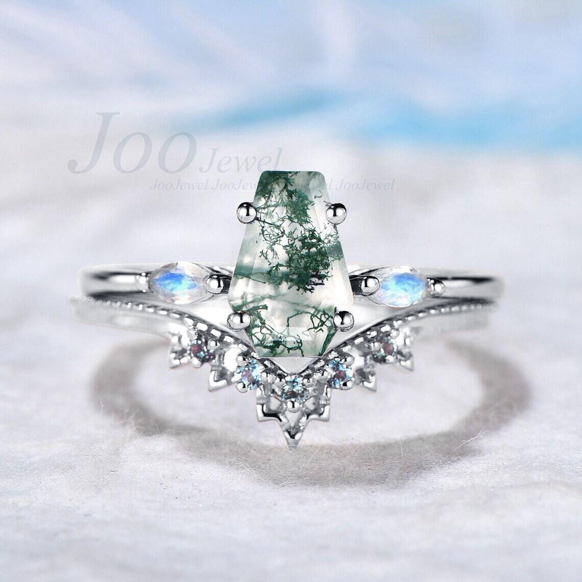 Coffin Shaped Natural Moss Agate Engagement Rings Set Gold Silver Marquise Moonstone Ring Milgrain Alexandrite Matching Band Coffin Jewelry