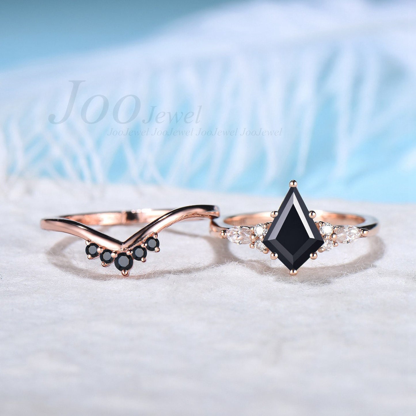 Kite Cut Rose Gold Natural Black Onyx Engagement Rings Set Unique Black Black Bridal Set Black Diamond Curve Wedding Band Anniversary Gift