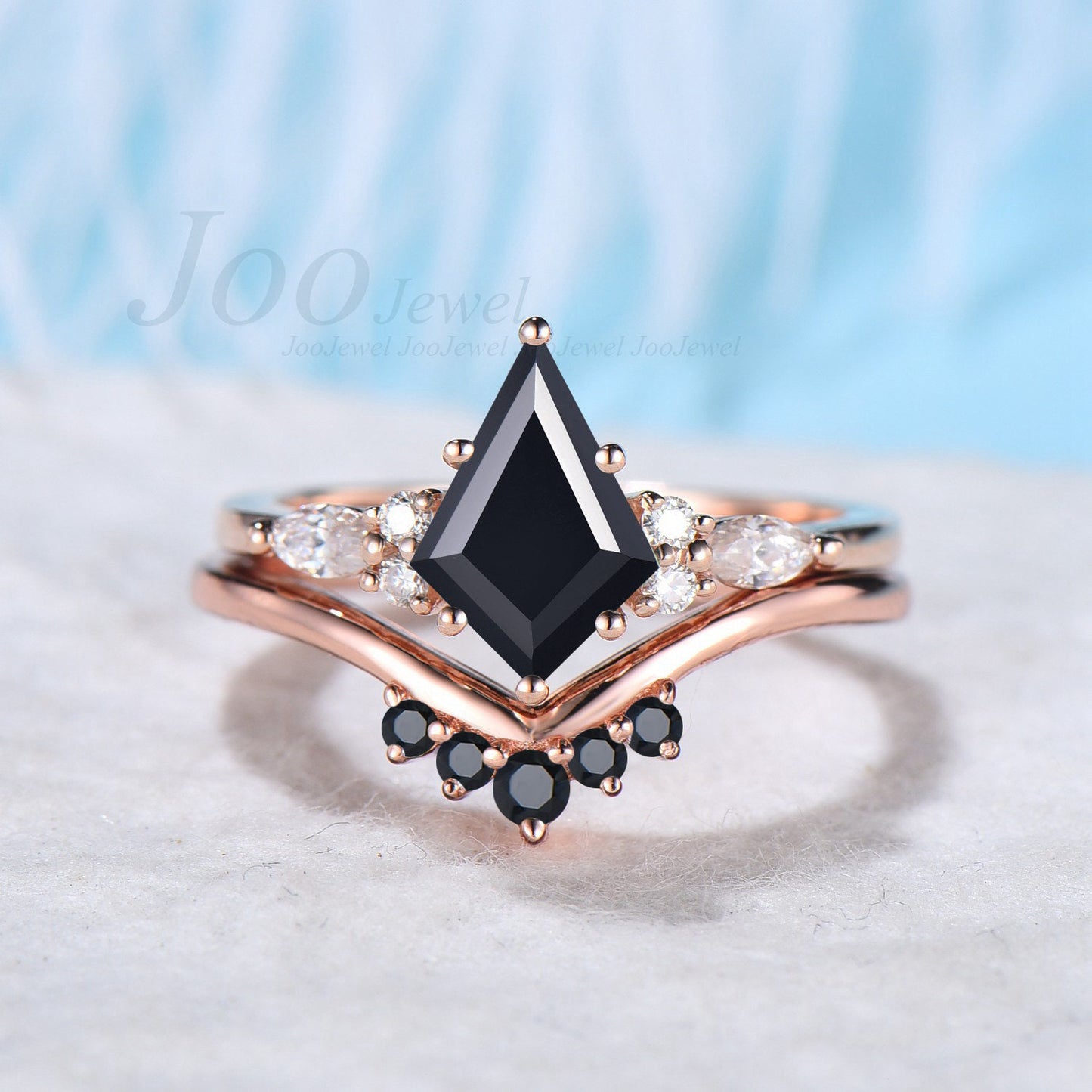 Kite Cut Rose Gold Natural Black Onyx Engagement Rings Set Unique Black Black Bridal Set Black Diamond Curve Wedding Band Anniversary Gift