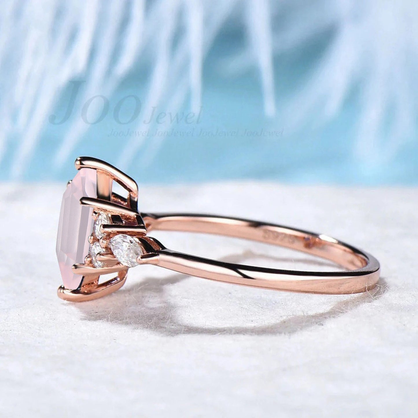 Long Hexagon Cut Natural Rose Quartz Ring Pink Gemstone Promise Ring Crystal Healing Ring Rose Gold Cluster Engagement Ring Anniversary Gift