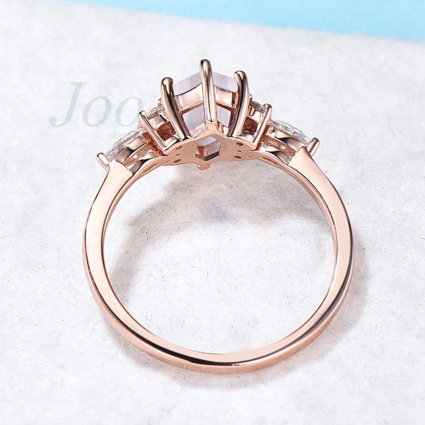 Long Hexagon Cut Natural Rose Quartz Ring Pink Gemstone Promise Ring Crystal Healing Ring Rose Gold Cluster Engagement Ring Anniversary Gift