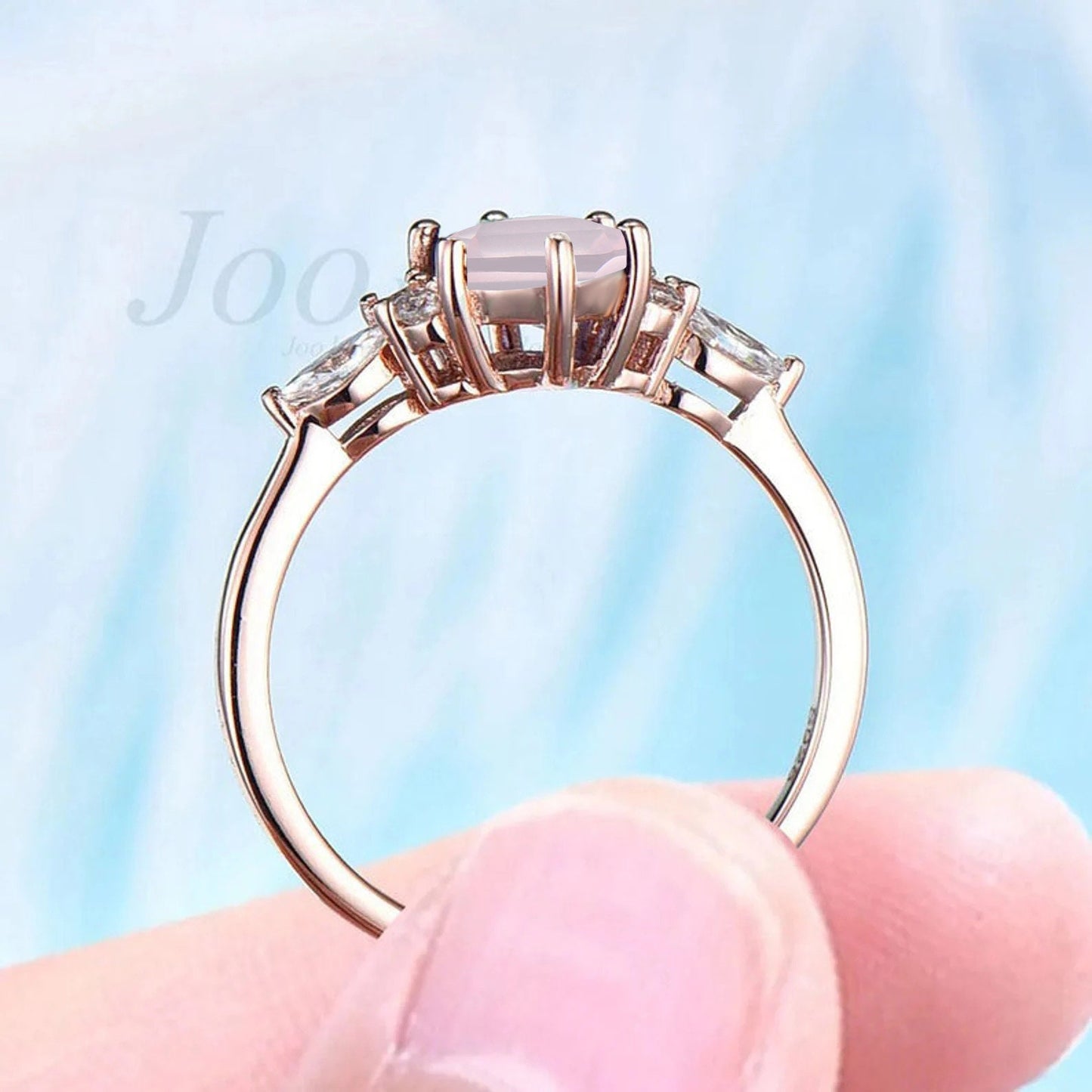 Long Hexagon Cut Natural Rose Quartz Ring Pink Gemstone Promise Ring Crystal Healing Ring Rose Gold Cluster Engagement Ring Anniversary Gift