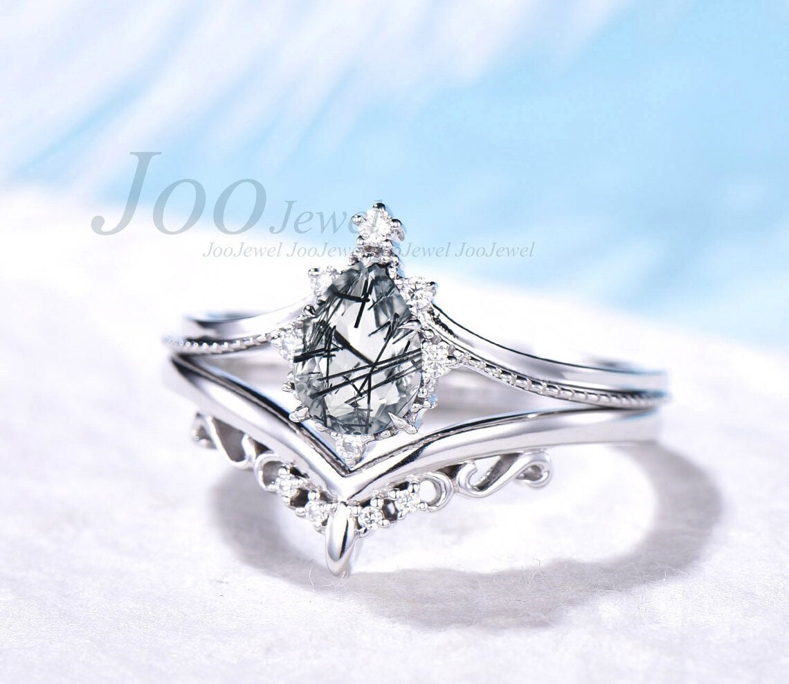 Pear shaped black rutilated quartz engagement ring set milgrain white gold ring set vintage moissanite ring set black stone ring women gift