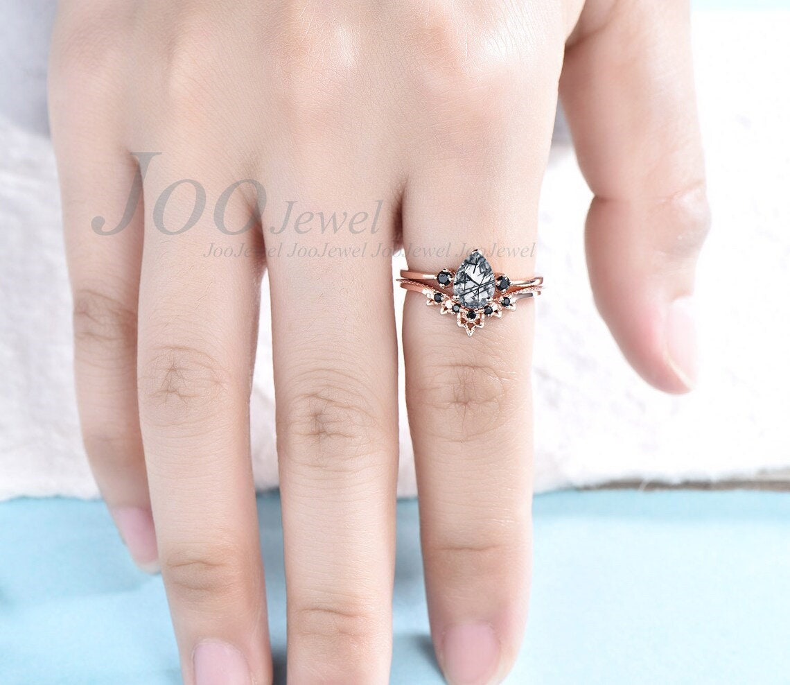 Three stone ring Pear shaped black rutilated quartz engagement ring set vintage milgrain lace black diamond ring for women rose gold silver