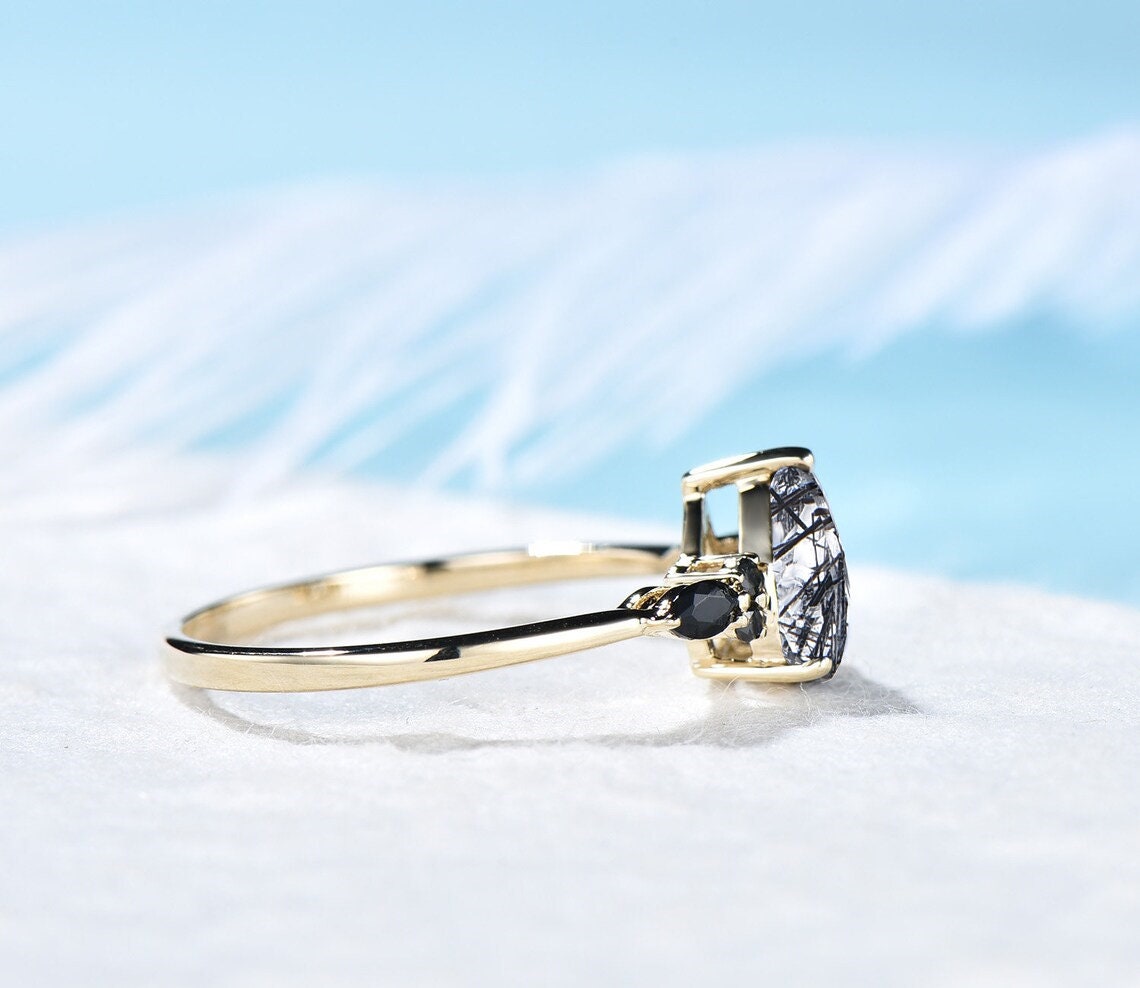 Vintage pear shaped black rutilated quartz engagement ring 14k gold art deco black diamond ring for women unique anniversary wedding ring