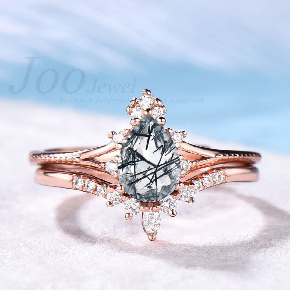 Pear Shaped Natural Black Rutilated Quartz Engagement Ring Set Vintage Black Rutile Ring Pure 10K/14K/18K Rose Gold Crystal Wedding Ring