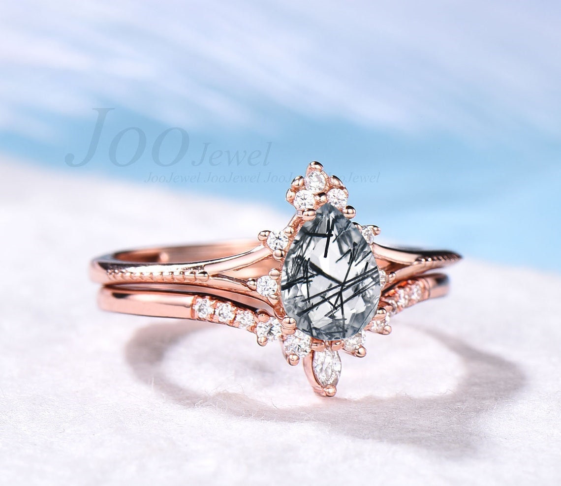 Pear Shaped Natural Black Rutilated Quartz Engagement Ring Set Vintage Black Rutile Ring Pure 10K/14K/18K Rose Gold Crystal Wedding Ring