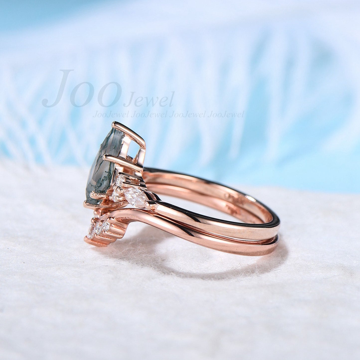 Natural Green Moss Agate Ring Set Vintage Kite Engagement Ring Set Unique Kite Cut Bridal Set Crystal Healing Gift Unique Wedding Ring Set