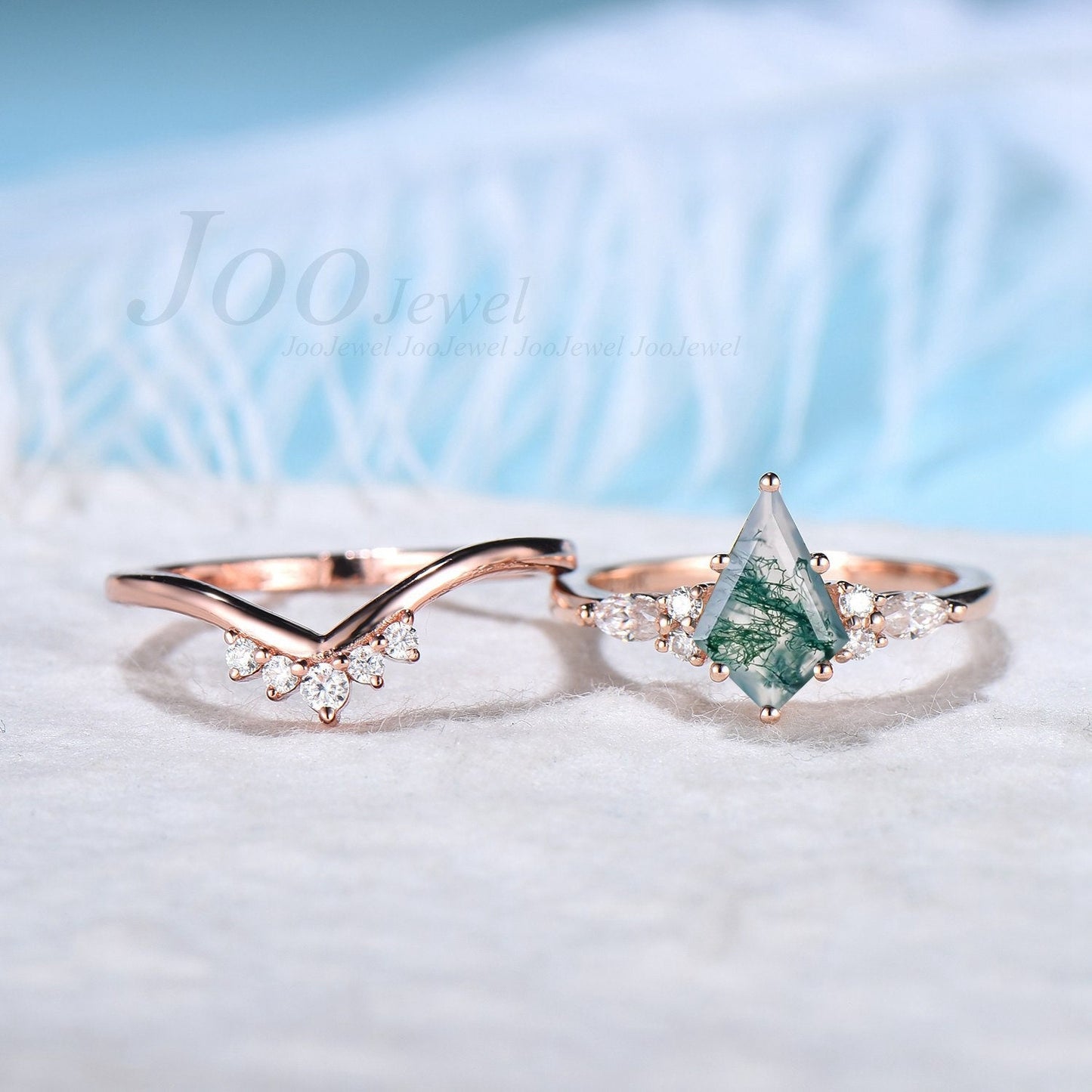 Natural Green Moss Agate Ring Set Vintage Kite Engagement Ring Set Unique Kite Cut Bridal Set Crystal Healing Gift Unique Wedding Ring Set