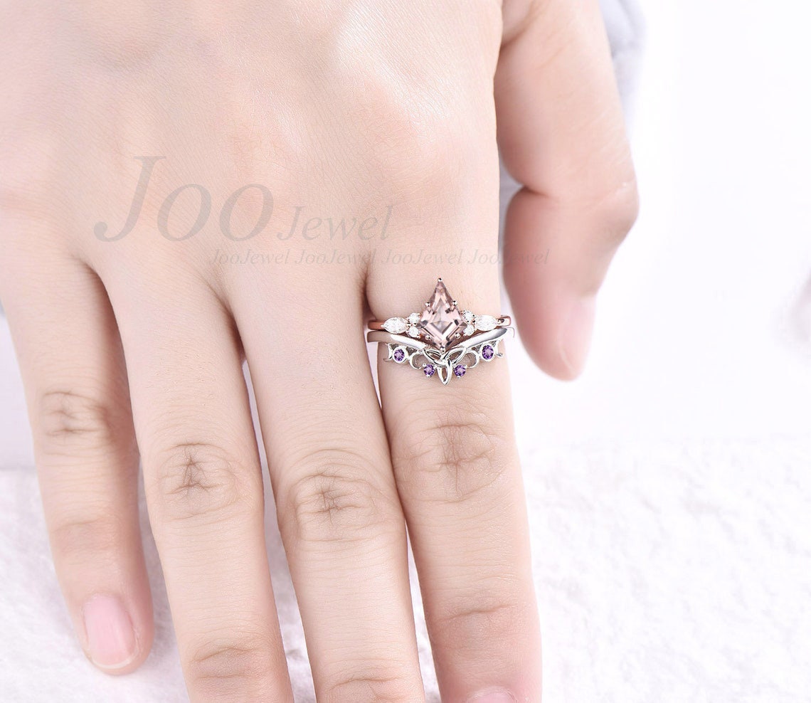Kite Cut Natural Pink Peach Morganite Bridal Ring Set Purple Amethyst Wedding Ring Celtic Knot Wedding Band Anniversary Wedding Gift for Her