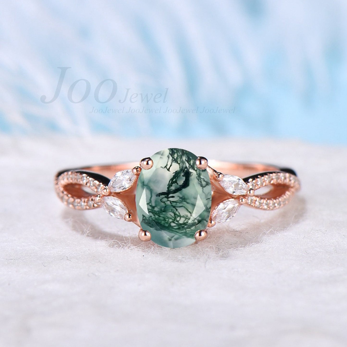 Oval Cut Moss Agate Bridal Ring Set Marquise Moissanite Half Eternity Wedding Band Leaf Engagement Ring Infinity Wedding Ring Promise Gifts