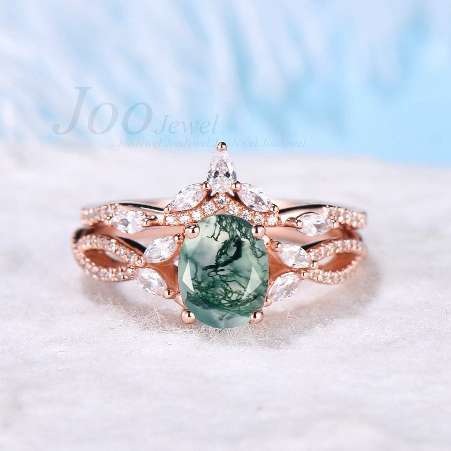 Oval Cut Moss Agate Bridal Ring Set Marquise Moissanite Half Eternity Wedding Band Leaf Engagement Ring Infinity Wedding Ring Promise Gifts