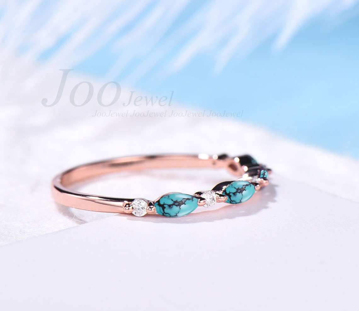 Marquise Cut Turquoise Wedding Band Vintage Half Eternity Turquoise Ring December Birthstone Matching Band Stackable Ring Anniversary Gift