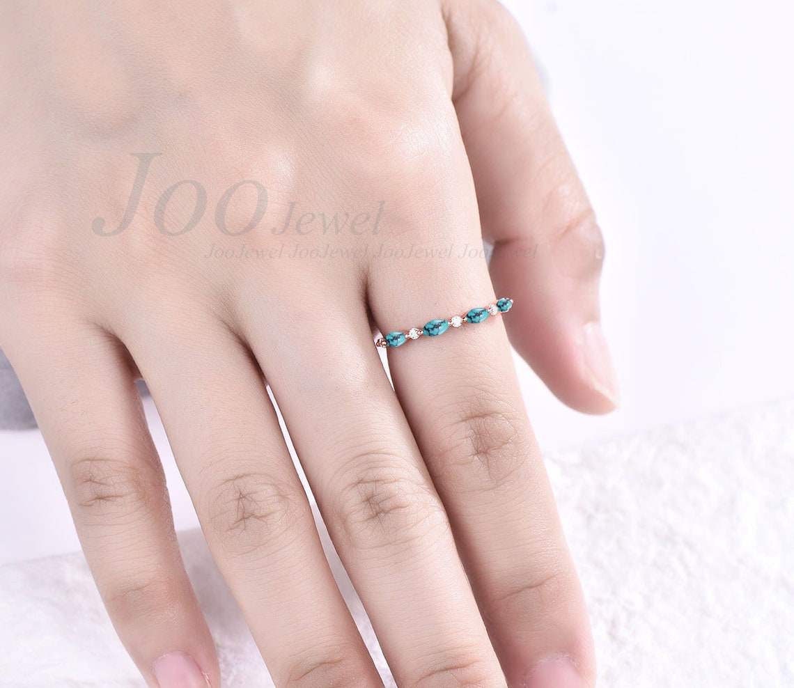 Marquise Cut Turquoise Wedding Band Vintage Half Eternity Turquoise Ring December Birthstone Matching Band Stackable Ring Anniversary Gift