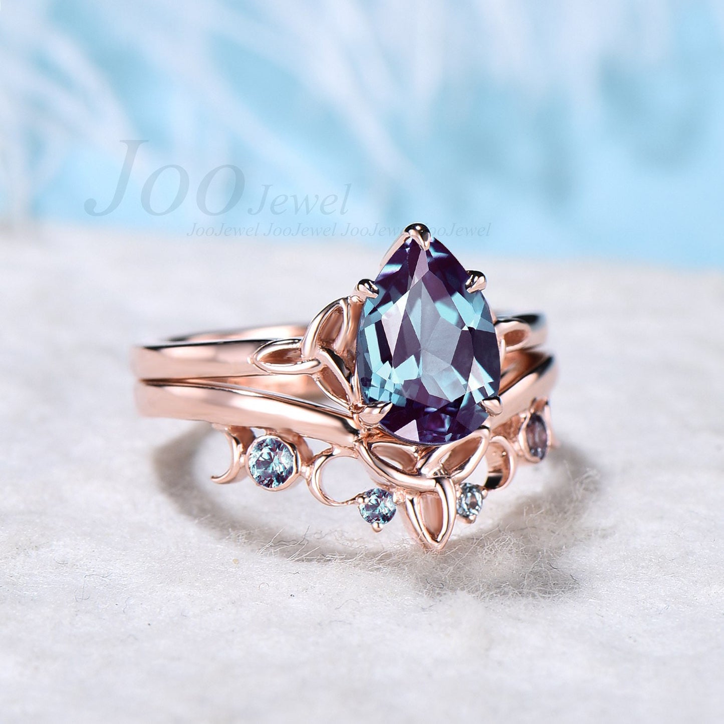 Celtic Bridal Ring Set Women Unique Pear Shaped Color Change Alexandrite Engagement Ring Set Rose Gold Alexandrite Wedding Band Promise Ring