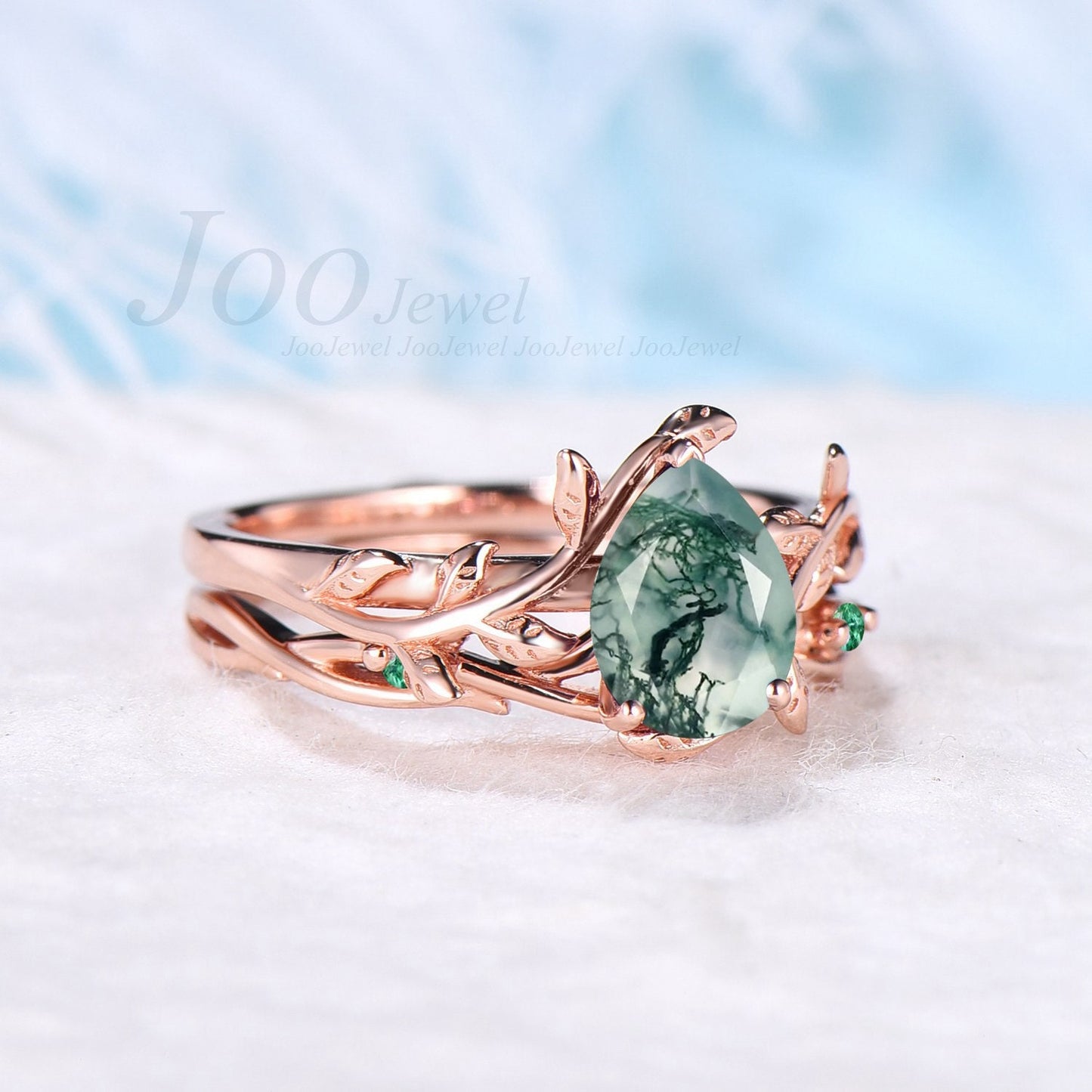 Pear Shaped Natural Moss Agate Ring Leaf Engagement Ring Set Green Gemstone Jewelry Twig Wedding Band Emerald Moss Bridal Set Unique Gifts