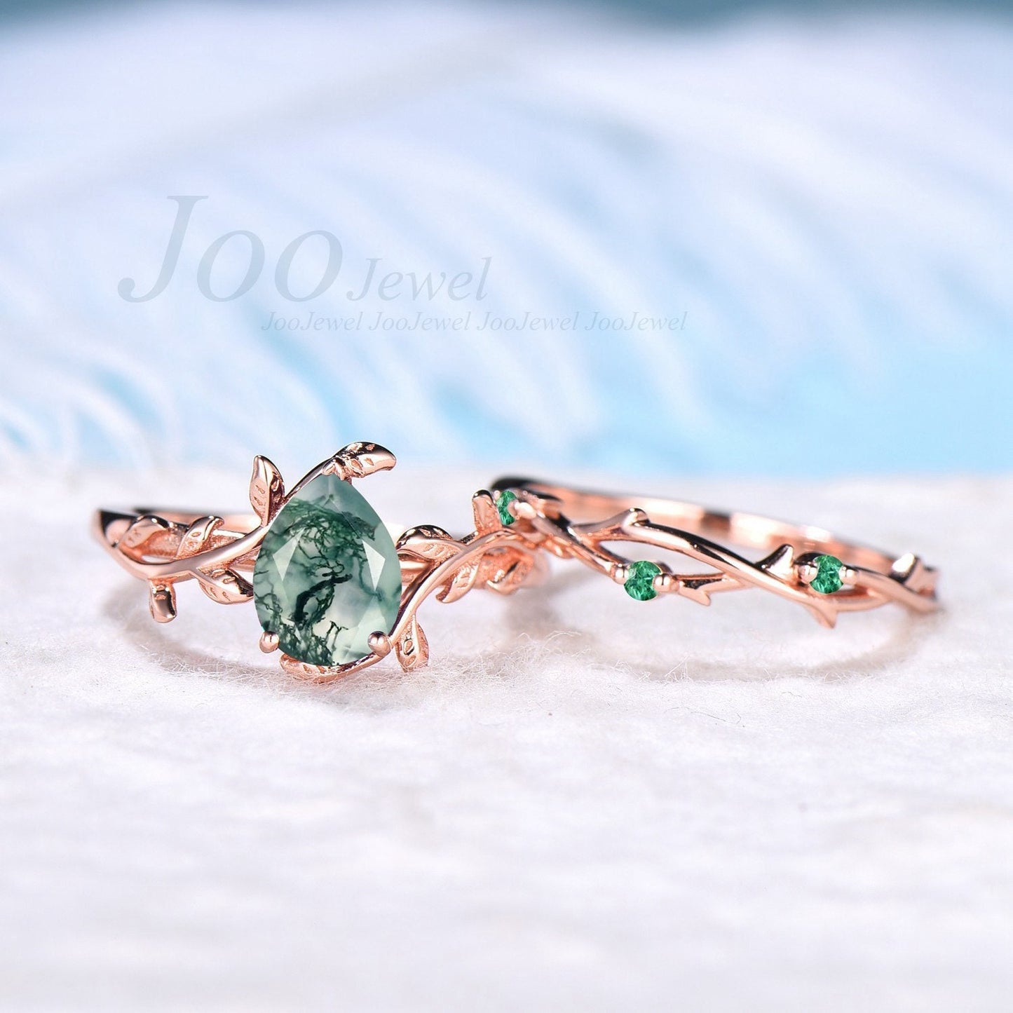 Pear Shaped Natural Moss Agate Ring Leaf Engagement Ring Set Green Gemstone Jewelry Twig Wedding Band Emerald Moss Bridal Set Unique Gifts
