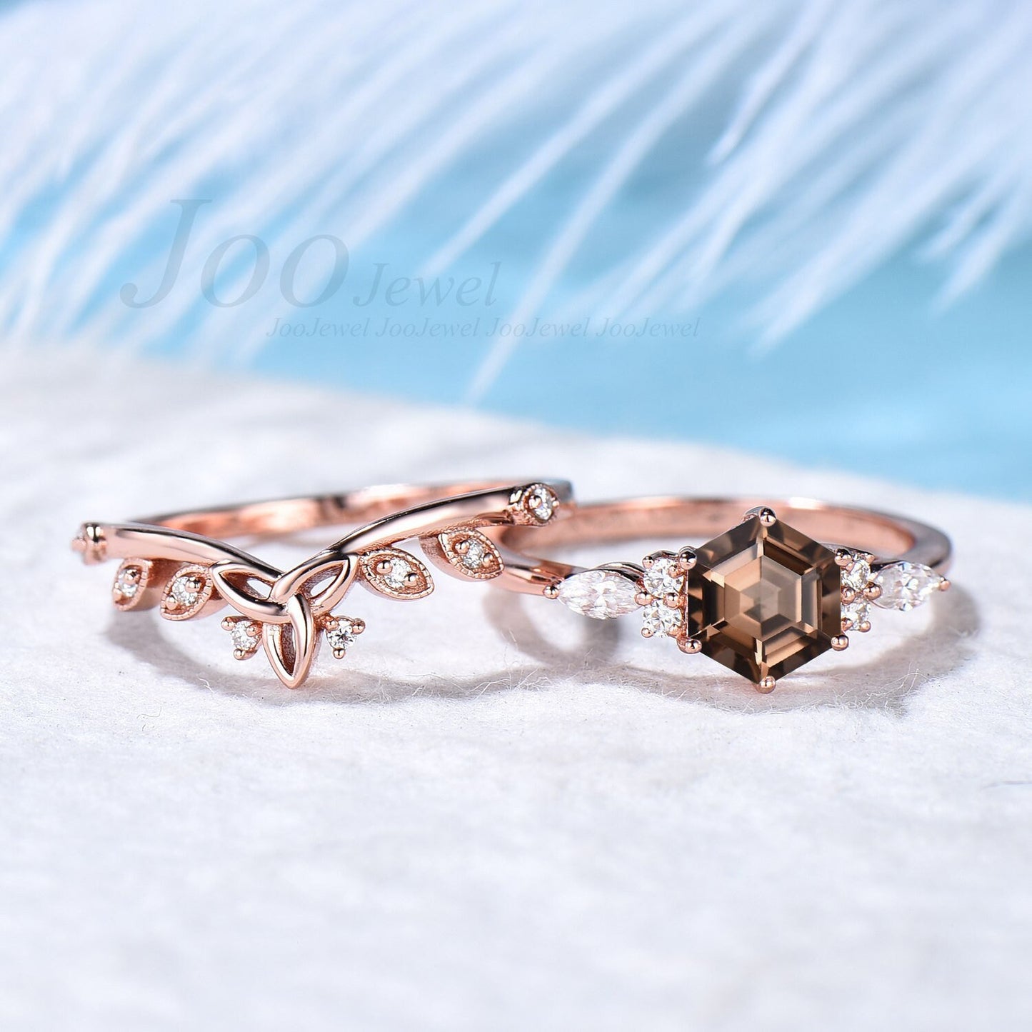 Hexagon Cut Crystal Engagement Ring Set Vintage Natural Smoky Quartz Ring in Sterling Silver Jewelry Brown Gemstone Ring Celtic Wedding Band