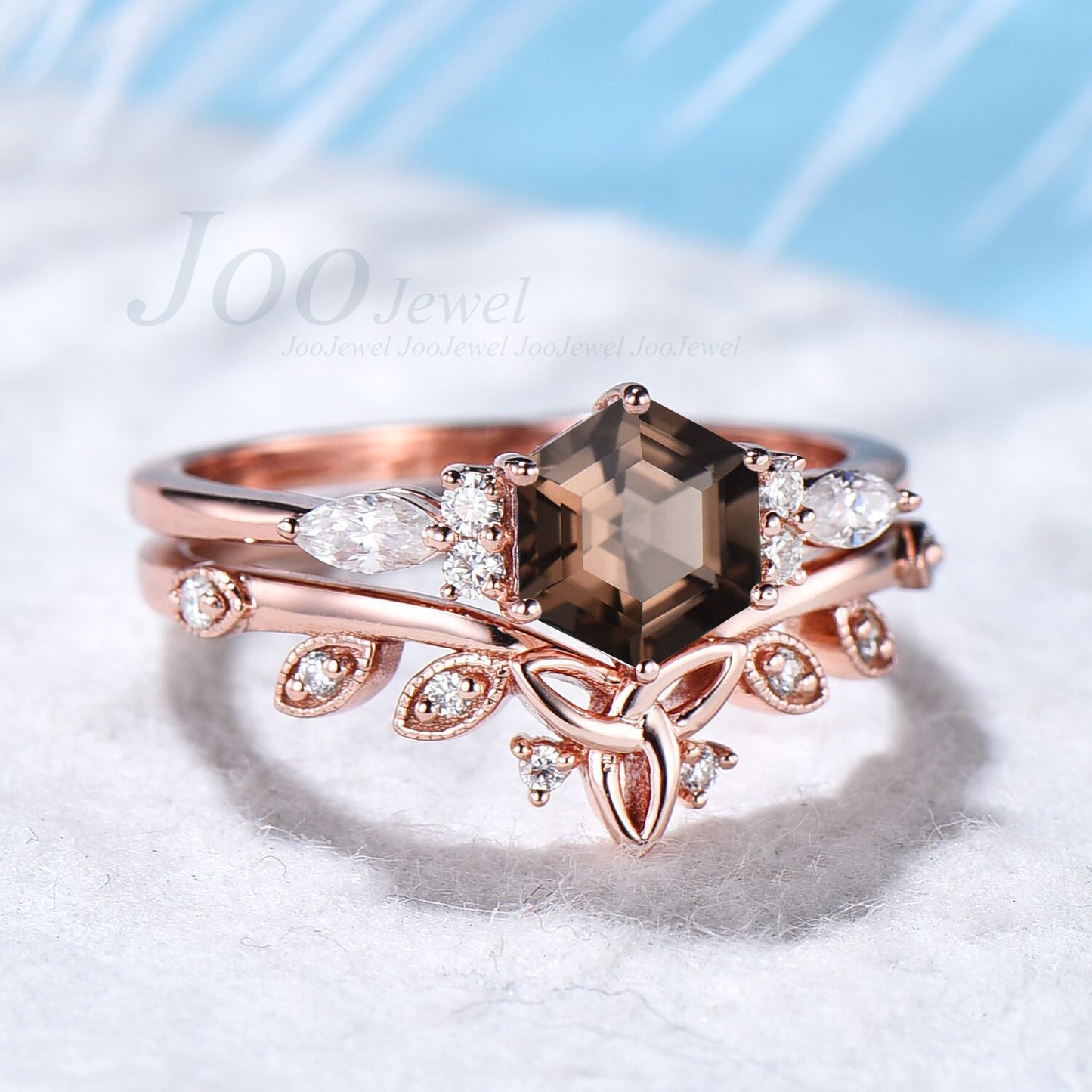 Hexagon Cut Crystal Engagement Ring Set Vintage Natural Smoky Quartz Ring in Sterling Silver Jewelry Brown Gemstone Ring Celtic Wedding Band