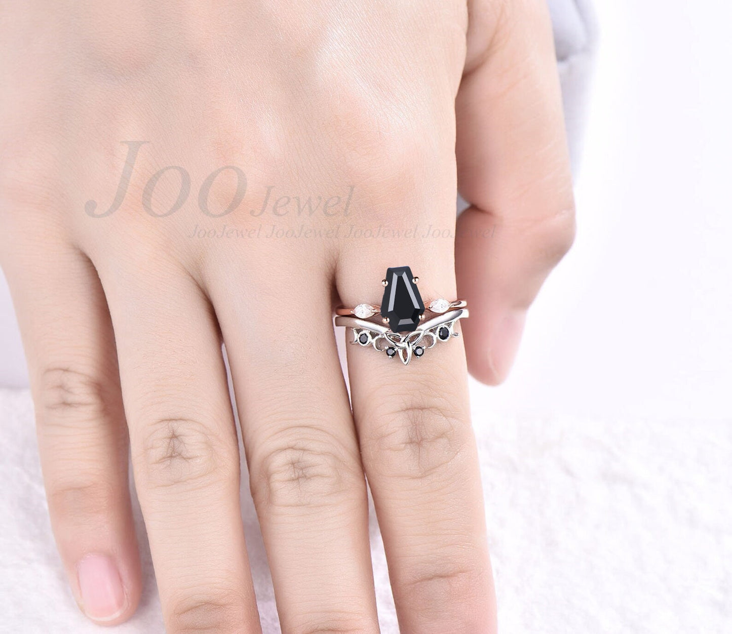 Natural Black Onyx Wedding Ring Set Vintage Coffin Cut Black Engagement Ring Set Curve Celtic Knot Wedding Band Unique Promise Ring for Her