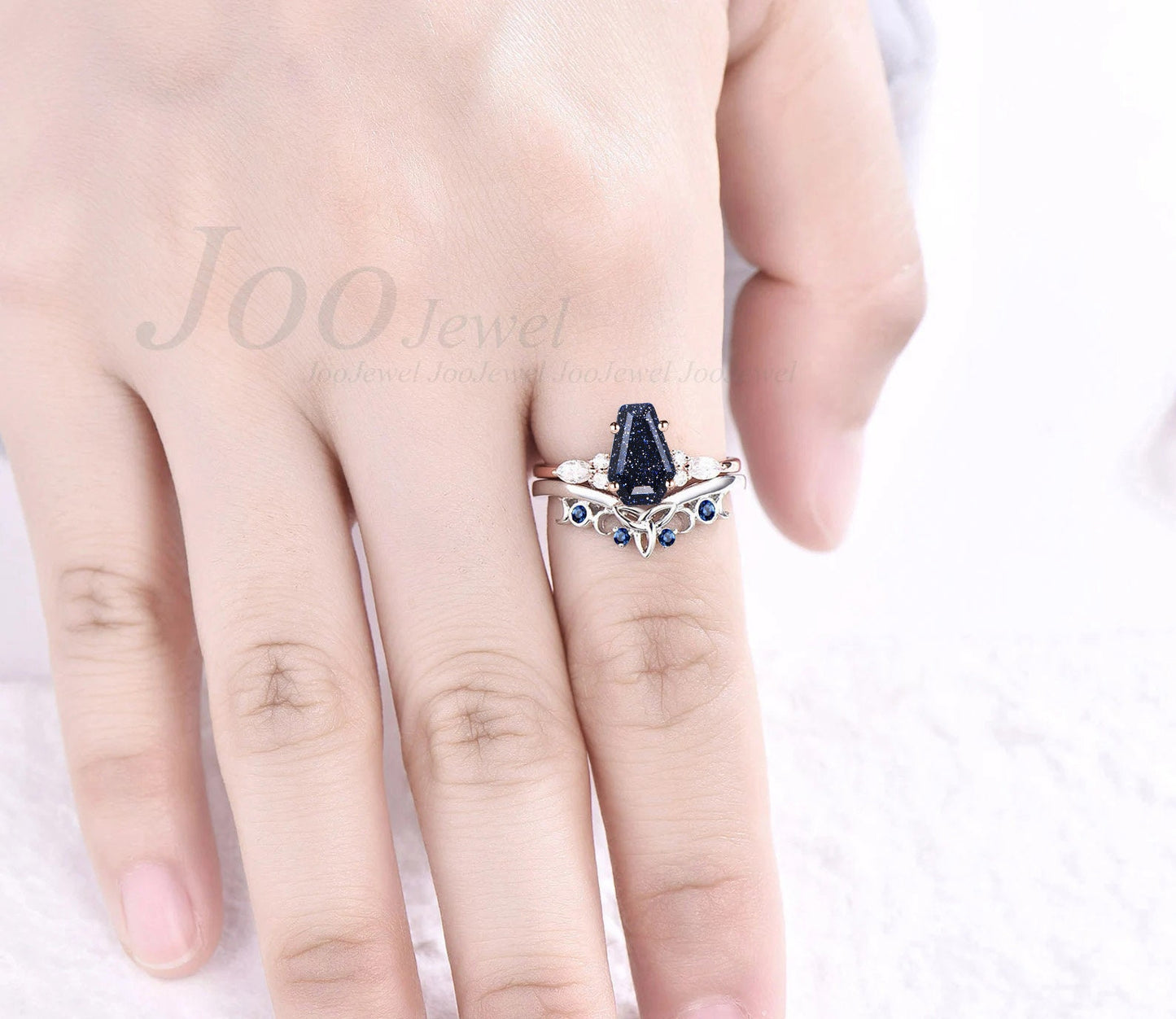 Unique Gothic Wedding Ring Set Coffin Shaped Blue Goldstone Bridal Sets Vintage Blue Sandstone Engagement Ring Celtic Sapphire Wedding Band