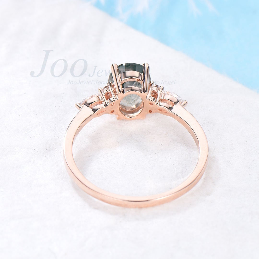 1.5ct Oval Cut Natural Moss Agate Engagement Rings Rose Gold Silver Cluster Aquatic Agate Promise Ring Marquise Moss Moissanite Wedding Ring