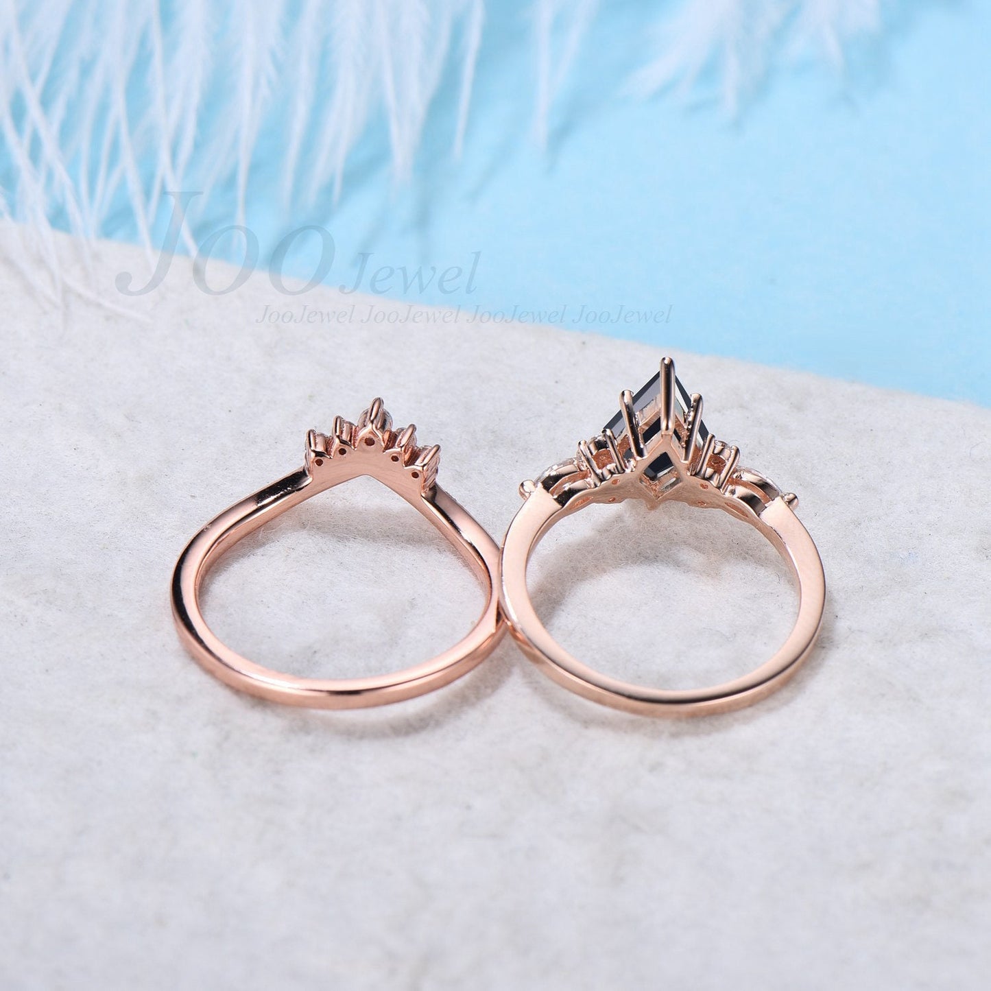 Kite Cut Rose Gold Natural Black Onyx Engagement Rings Set Unique Black Black Bridal Set Black Diamond Curve Wedding Band Anniversary Gift