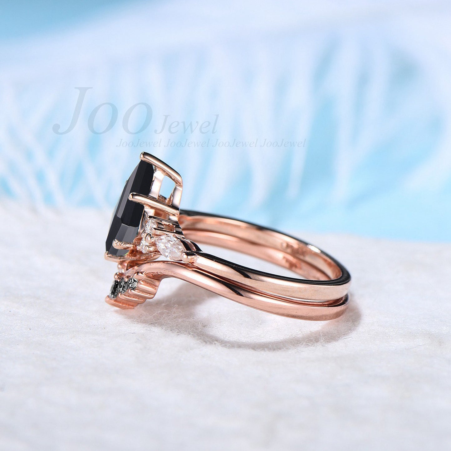 Kite Cut Rose Gold Natural Black Onyx Engagement Rings Set Unique Black Black Bridal Set Black Diamond Curve Wedding Band Anniversary Gift